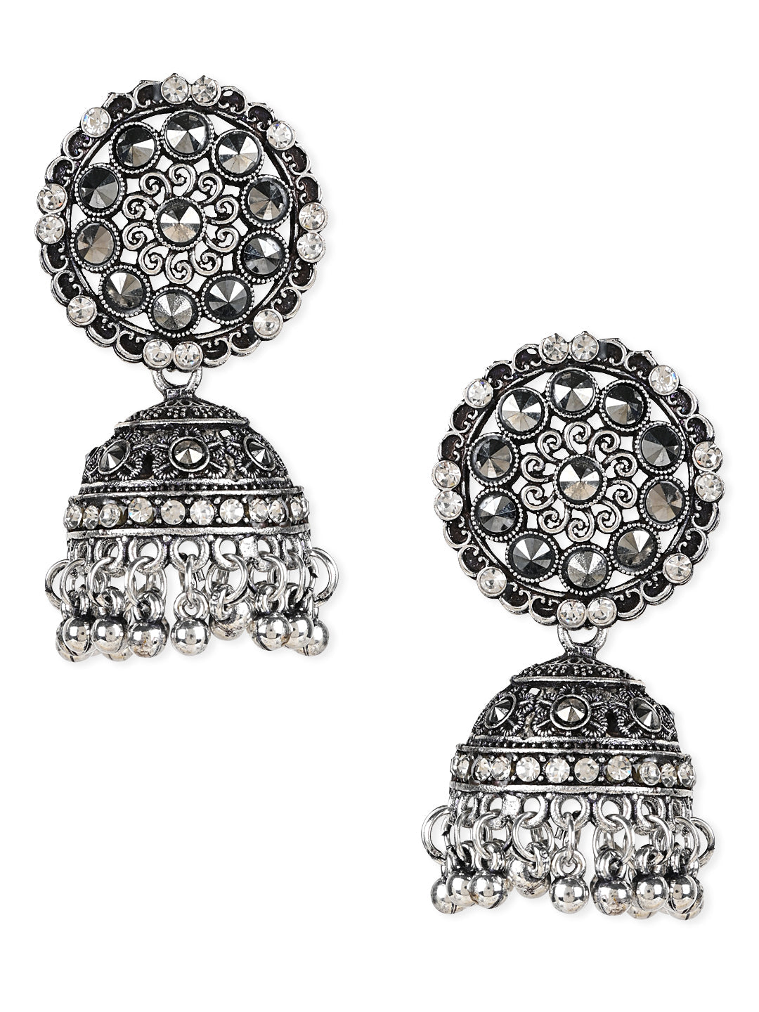 Women's 18K Silver Oxidised Traditional Kundan & Stone Studded Jhumka Earrings (E3062Ox)