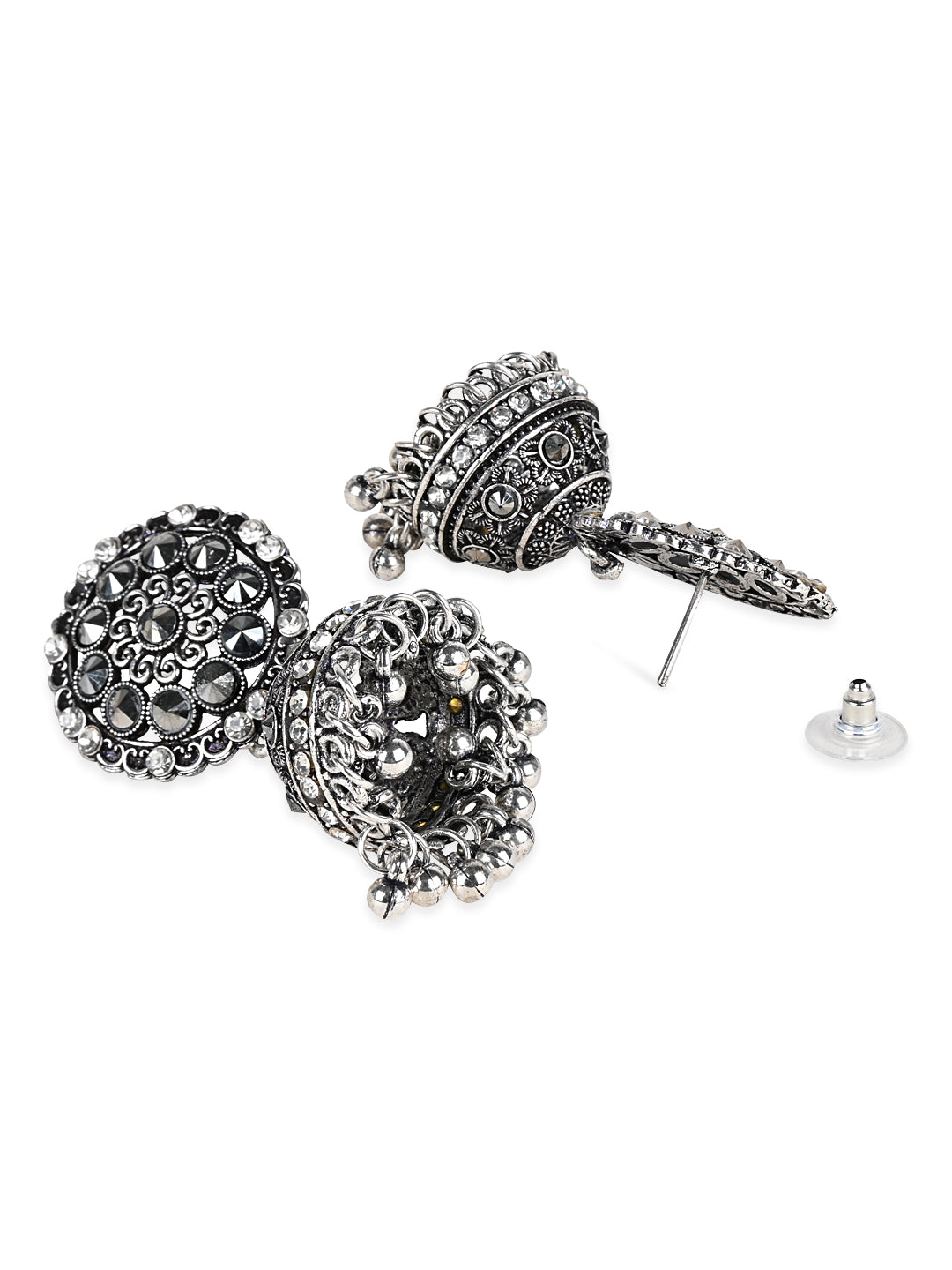 Women's 18K Silver Oxidised Traditional Kundan & Stone Studded Jhumka Earrings (E3062Ox)