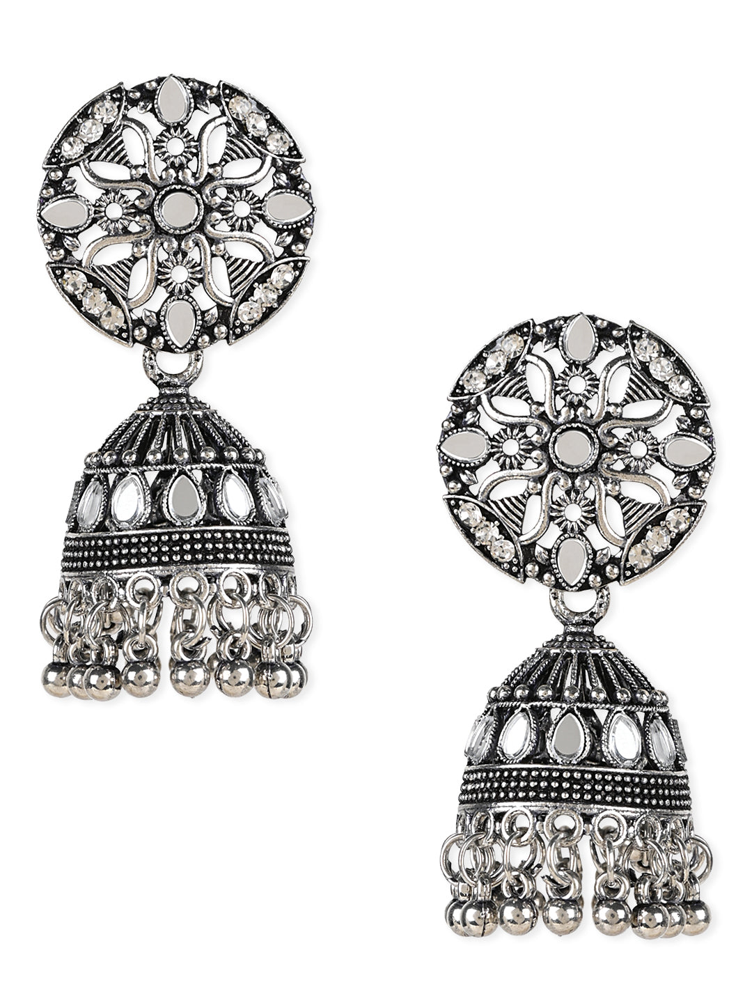 Women's 18K Silver Oxidised Traditional Kundan & Stone Studded Jhumka Earrings (E3063Ox)