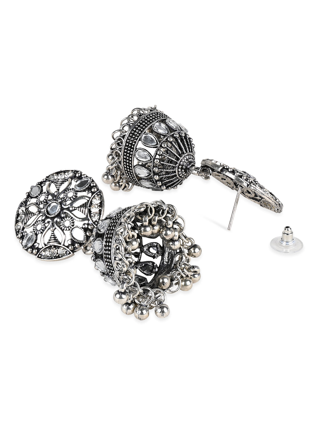 Women's 18K Silver Oxidised Traditional Kundan & Stone Studded Jhumka Earrings (E3063Ox)