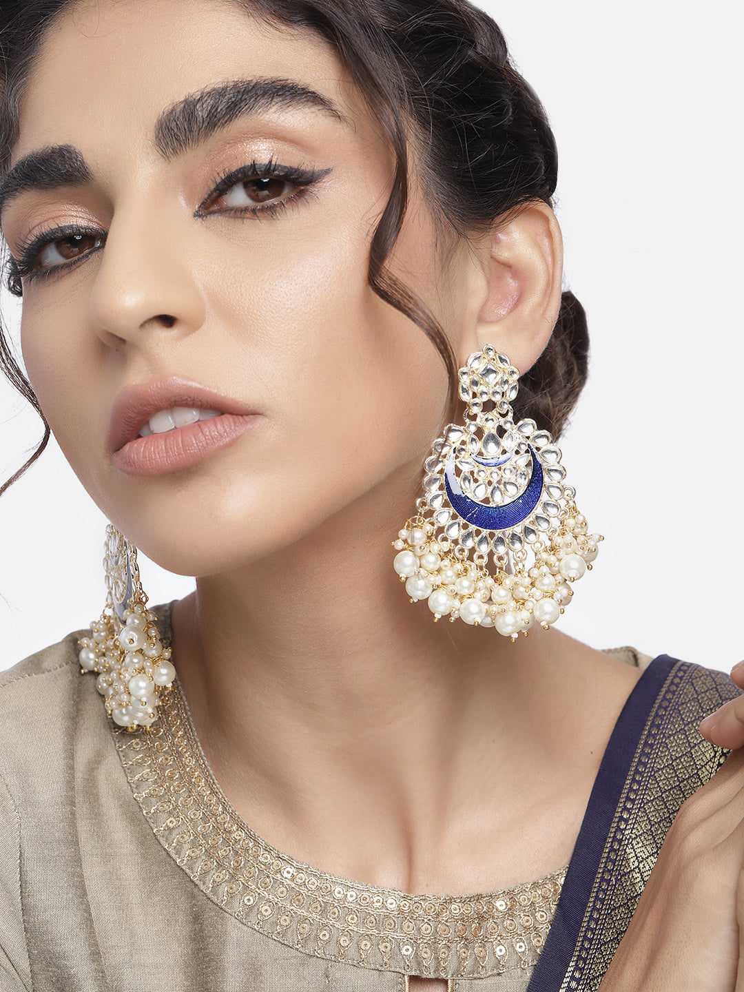 Women's 18K Gold Plated Intricately Designed Traditional Meenakari Chandbali Earrings Glided With Kundans & Pearls (E306Bl)