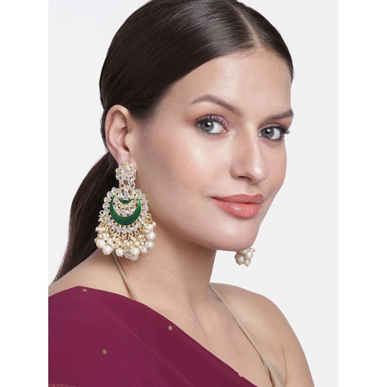 Women's 18K Gold Plated Intricately Designed Traditional Meenakari Chandbali Earrings Glided With Kundans & Pearls (E306G)