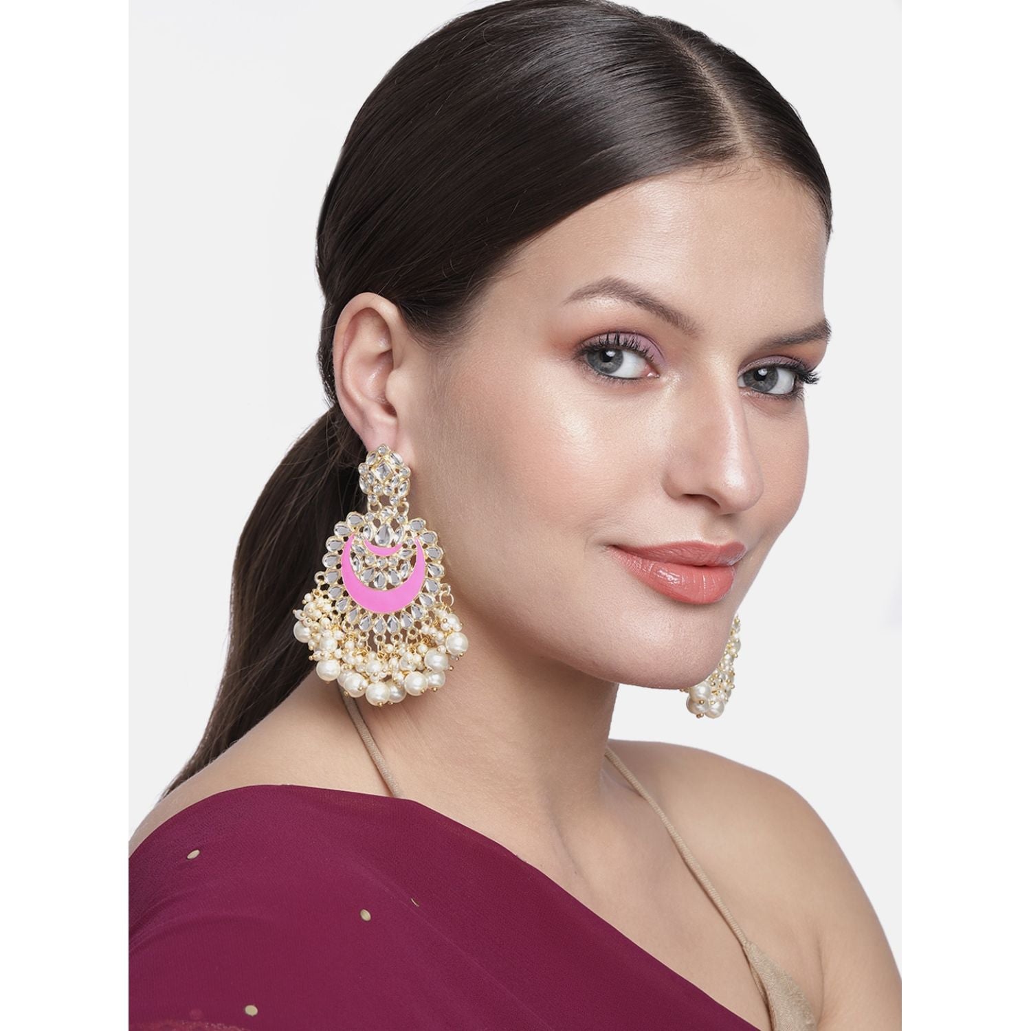 Women's 18K Gold Plated Intricately Designed Traditional Meenakari Chandbali Earrings Glided With Kundans & Pearls (E306Pi)