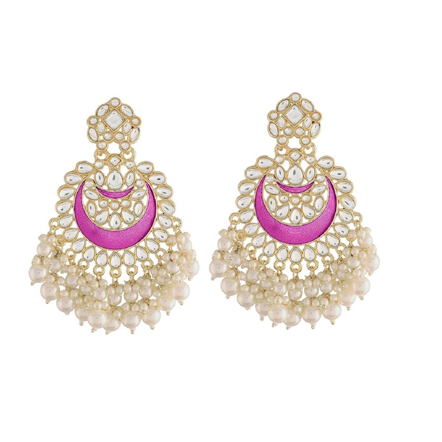Women's 18K Gold Plated Intricately Designed Traditional Meenakari Chandbali Earrings Glided With Kundans & Pearls (E306Pi)
