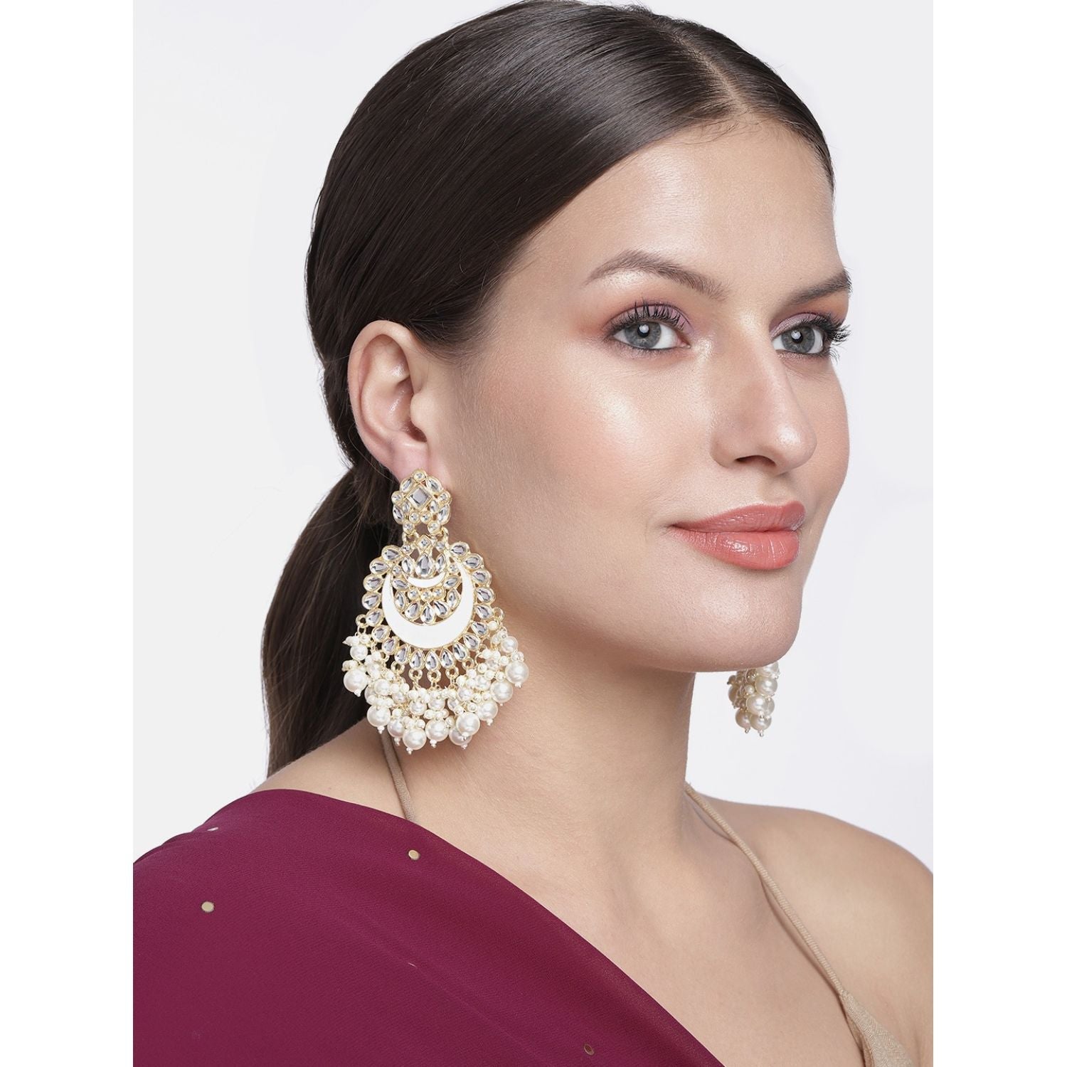 Women's 18K Gold Plated Intricately Designed Traditional Meenakari Chandbali Earrings Glided With Kundans & Pearls (E306W)