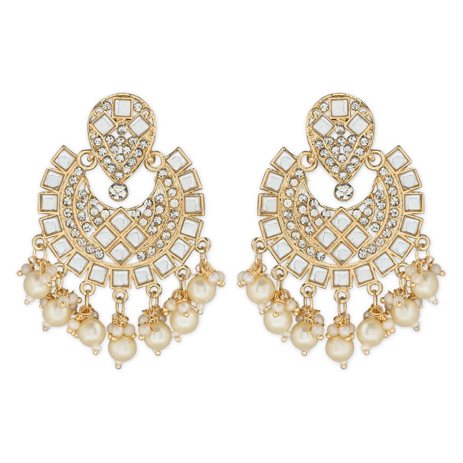 Women's 18K Gold Plated Intricately Designed Traditional Chandbali Earrings Glided With Kundans & Pearls (E3077W)