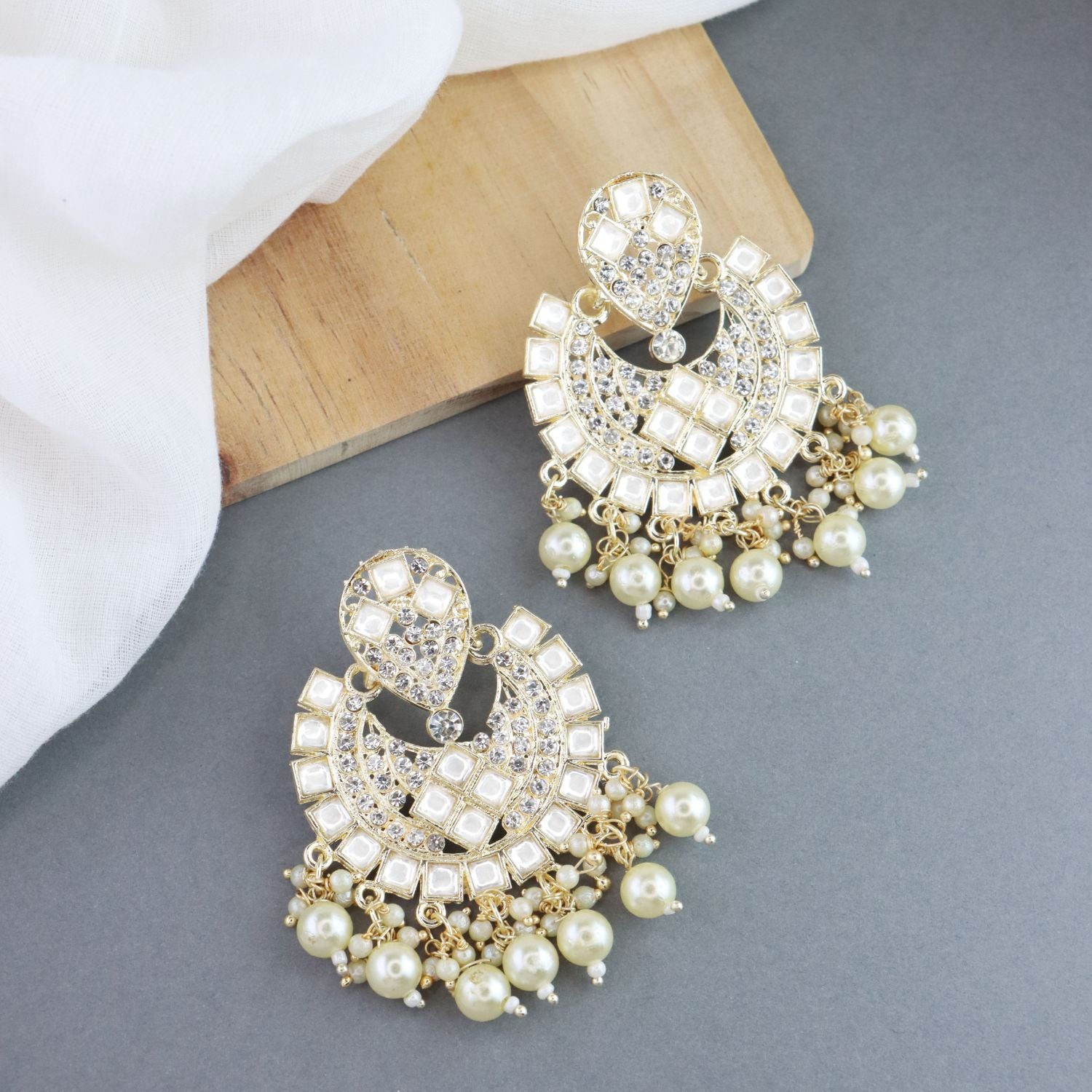 Women's 18K Gold Plated Intricately Designed Traditional Chandbali Earrings Glided With Kundans & Pearls (E3077W)
