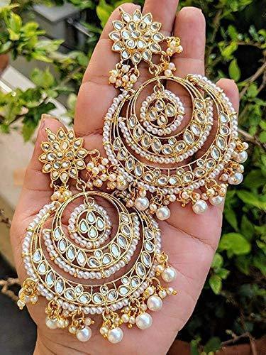 Women Golden White Beaded Kundan Chandbali Earrings  by I Jewels