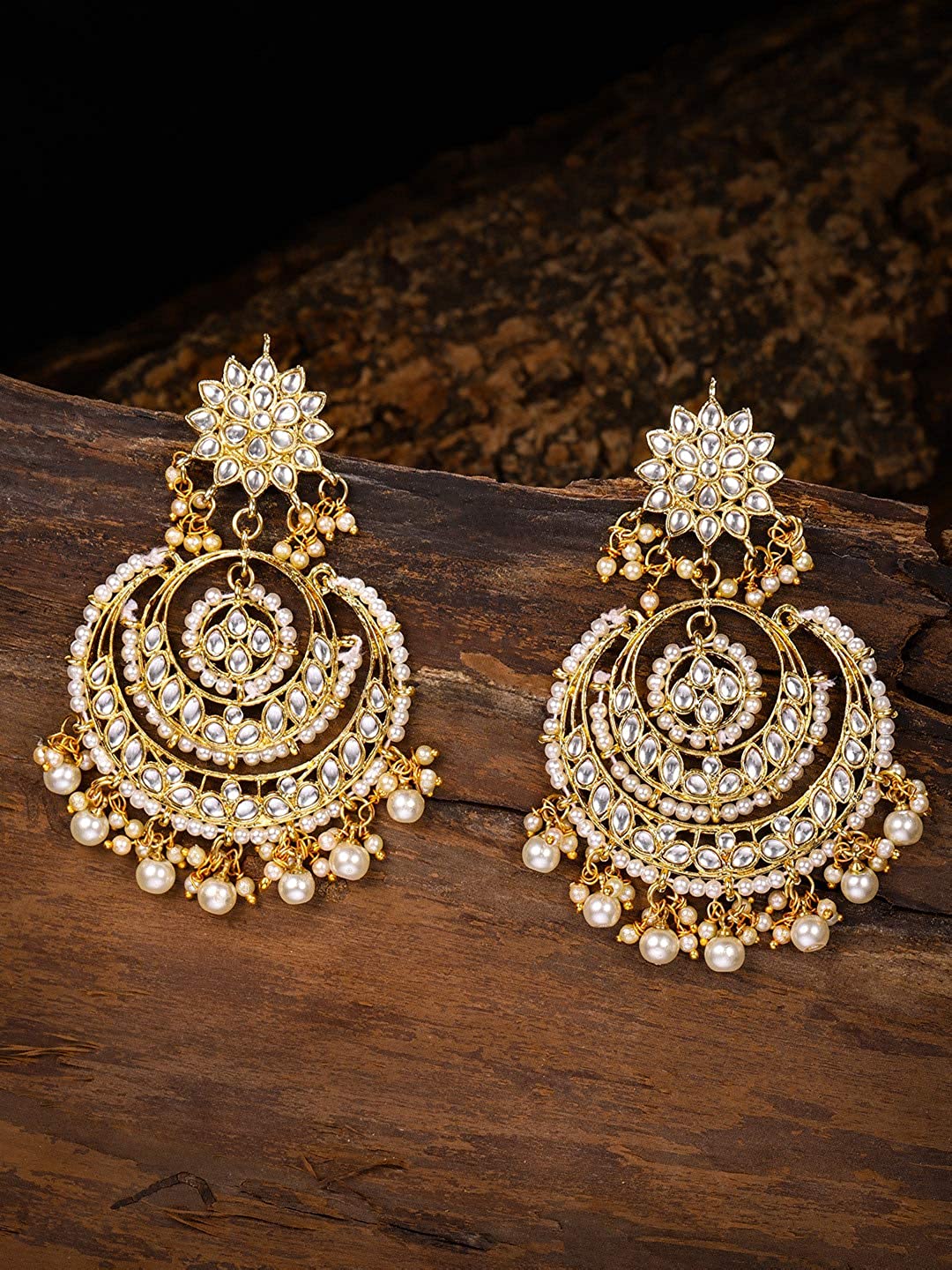 Women Golden White Beaded Kundan Chandbali Earrings  by I Jewels