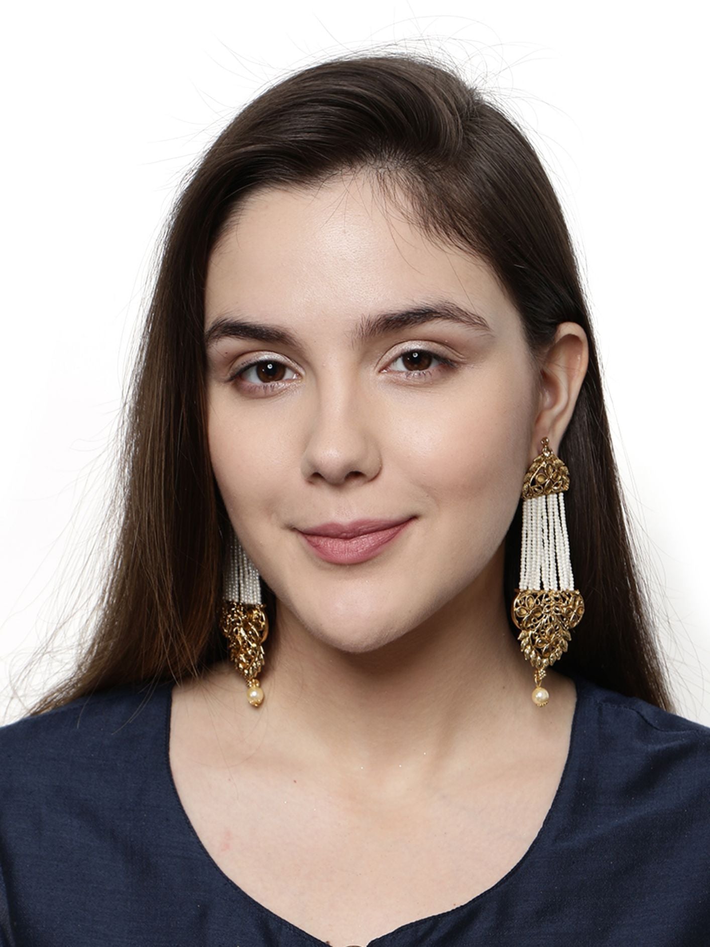Women's White & Gold-Plated Handcrafted Kundan Pearl Studded Multistrand Earrings