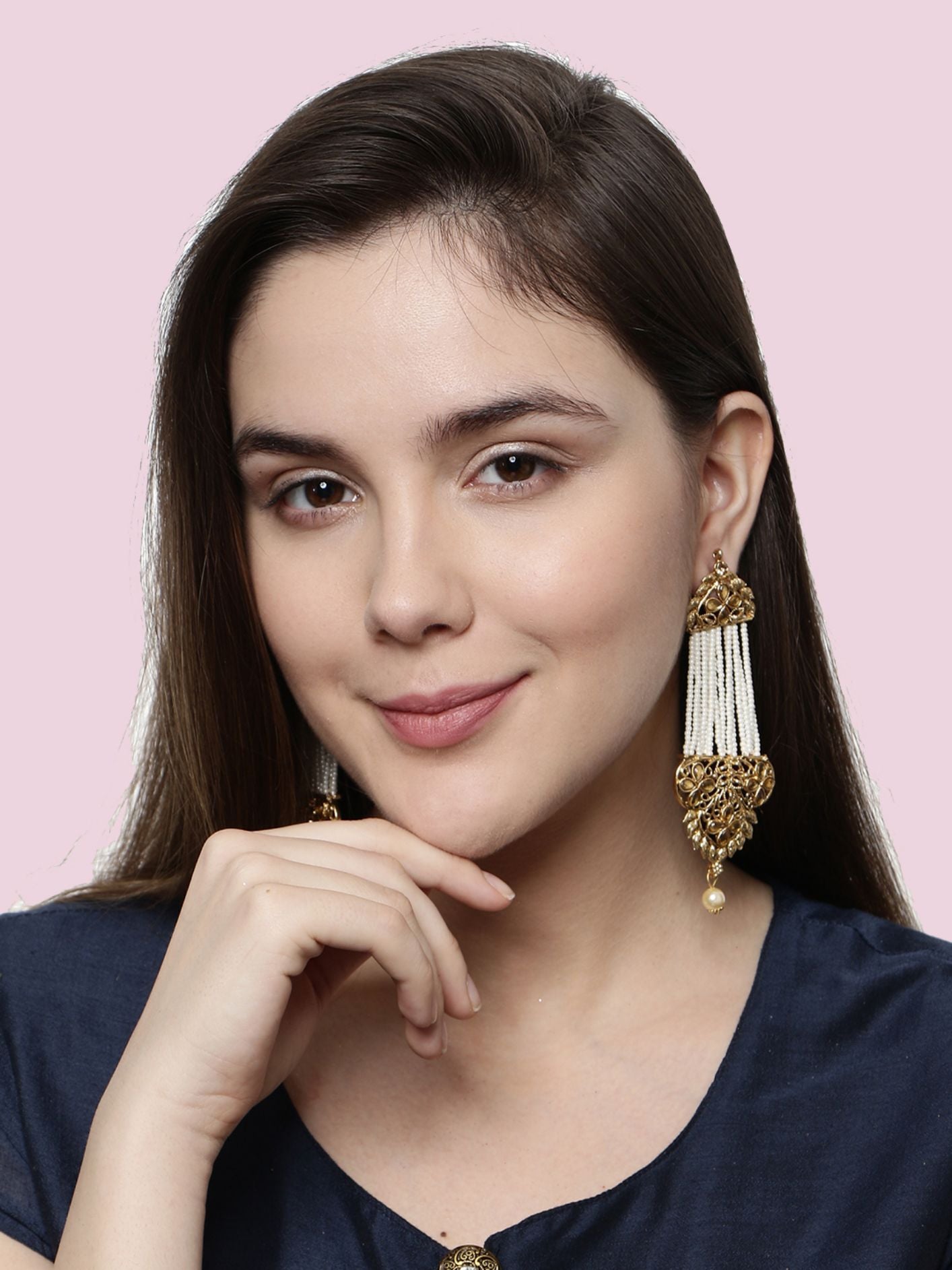 Women's White & Gold-Plated Handcrafted Kundan Pearl Studded Multistrand Earrings