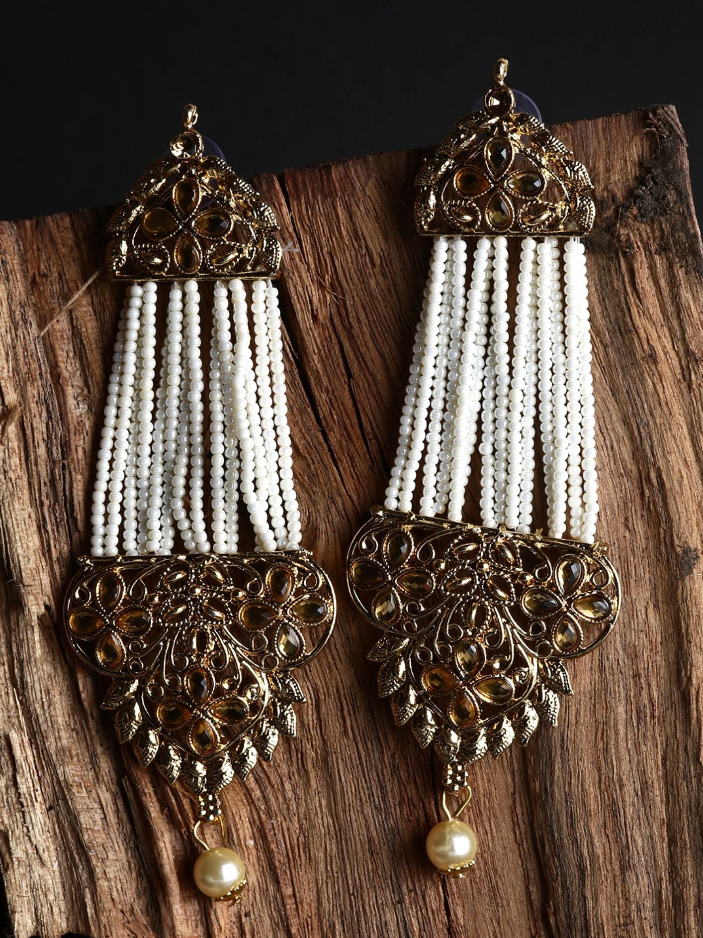 Women's White & Gold-Plated Handcrafted Kundan Pearl Studded Multistrand Earrings
