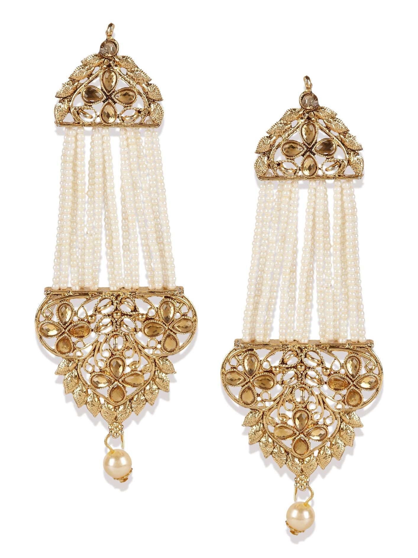 Women's White & Gold-Plated Handcrafted Kundan Pearl Studded Multistrand Earrings