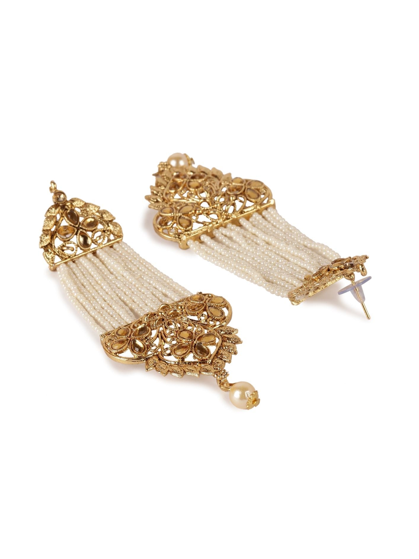 Women's White & Gold-Plated Handcrafted Kundan Pearl Studded Multistrand Earrings