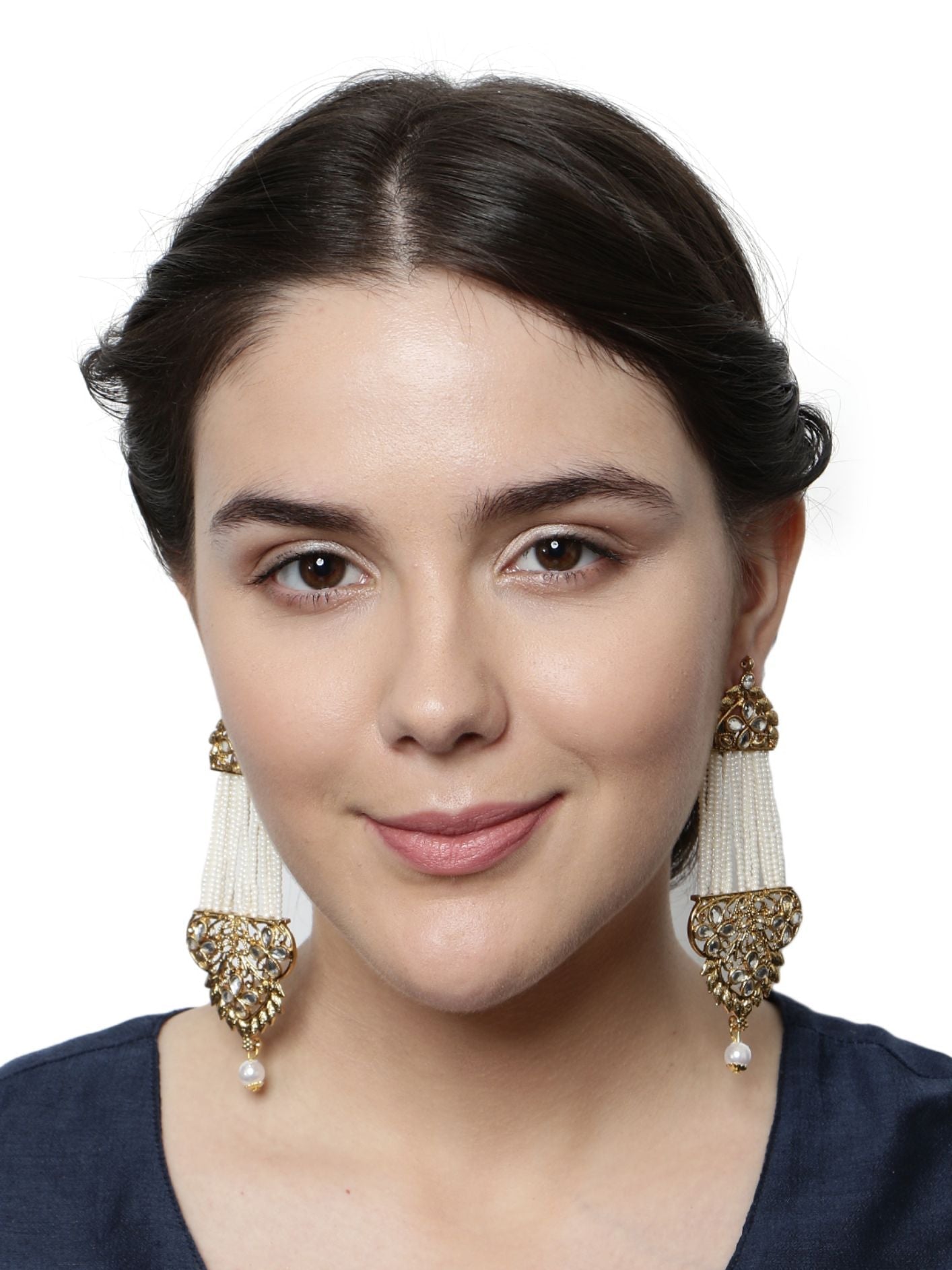 Women's White & Gold-Plated Handcrafted Kundan Pearl Studded Multistrand Earrings
