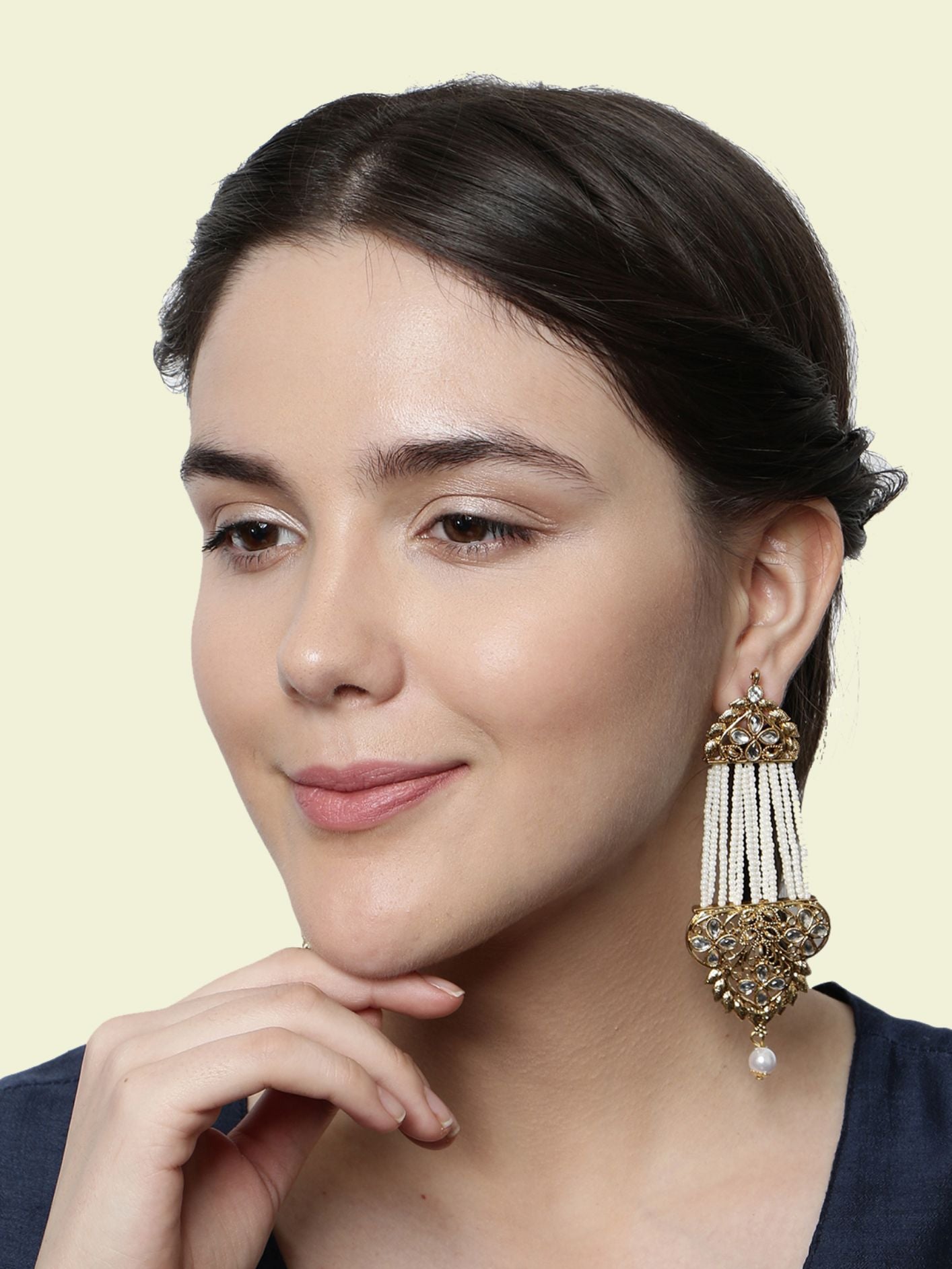 Women's White & Gold-Plated Handcrafted Kundan Pearl Studded Multistrand Earrings