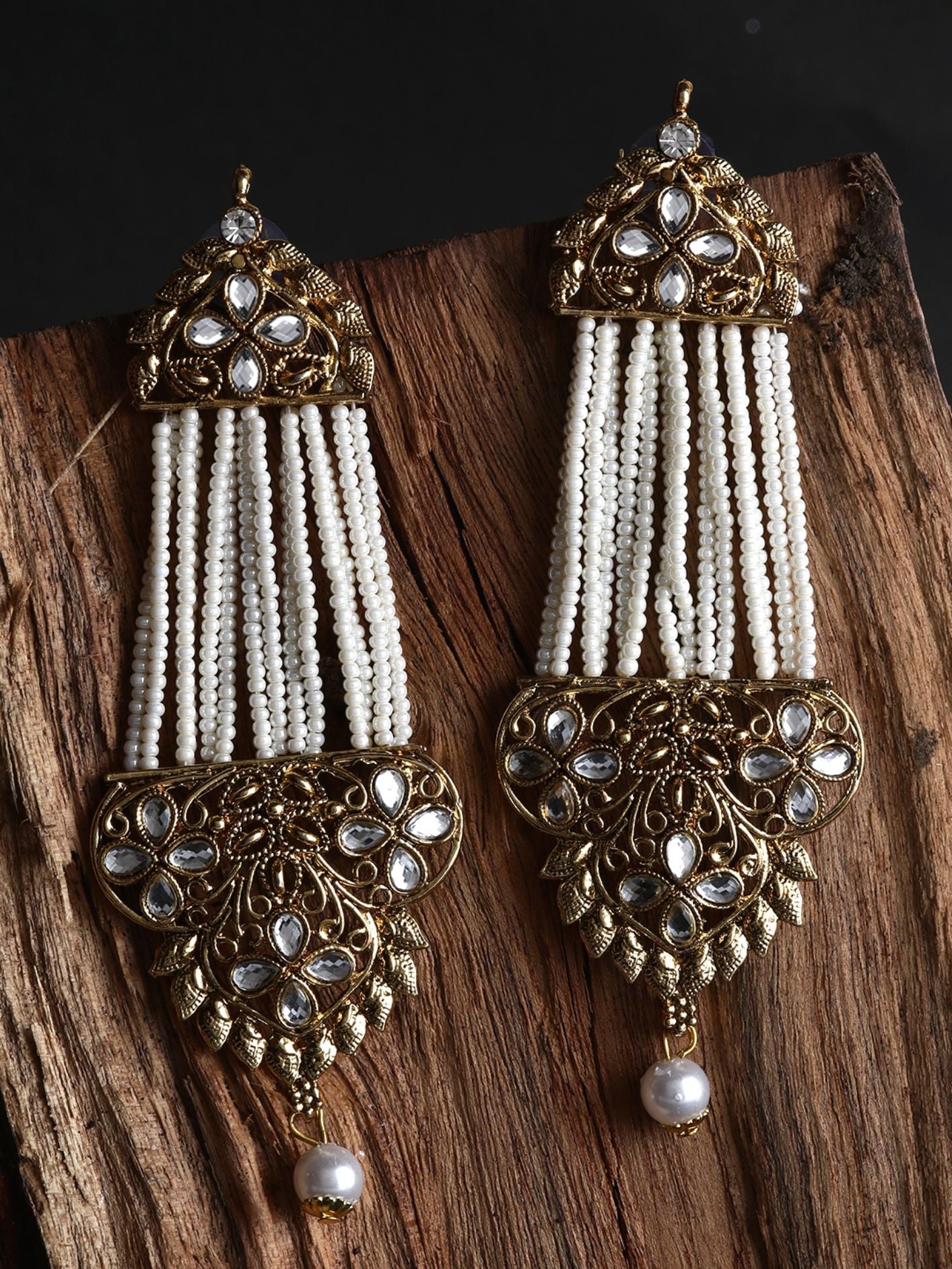 Women's White & Gold-Plated Handcrafted Kundan Pearl Studded Multistrand Earrings