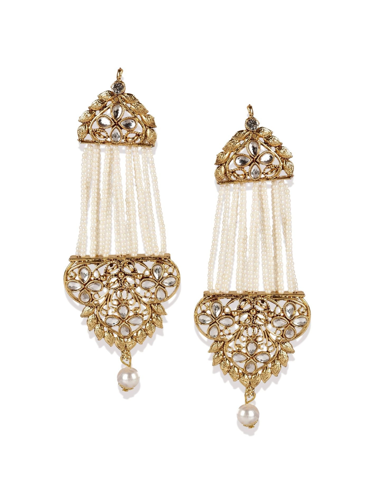 Women's White & Gold-Plated Handcrafted Kundan Pearl Studded Multistrand Earrings