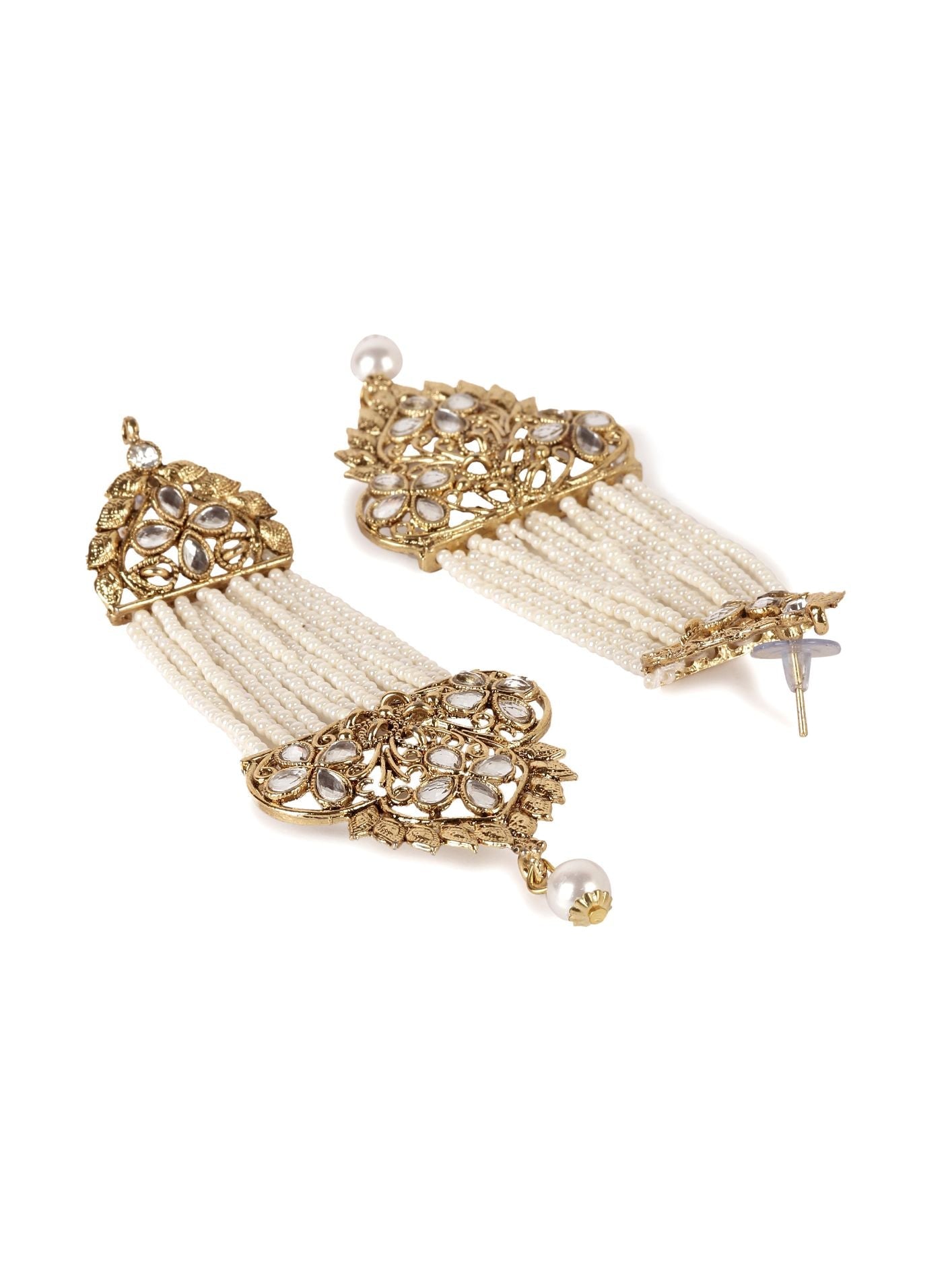 Women's White & Gold-Plated Handcrafted Kundan Pearl Studded Multistrand Earrings