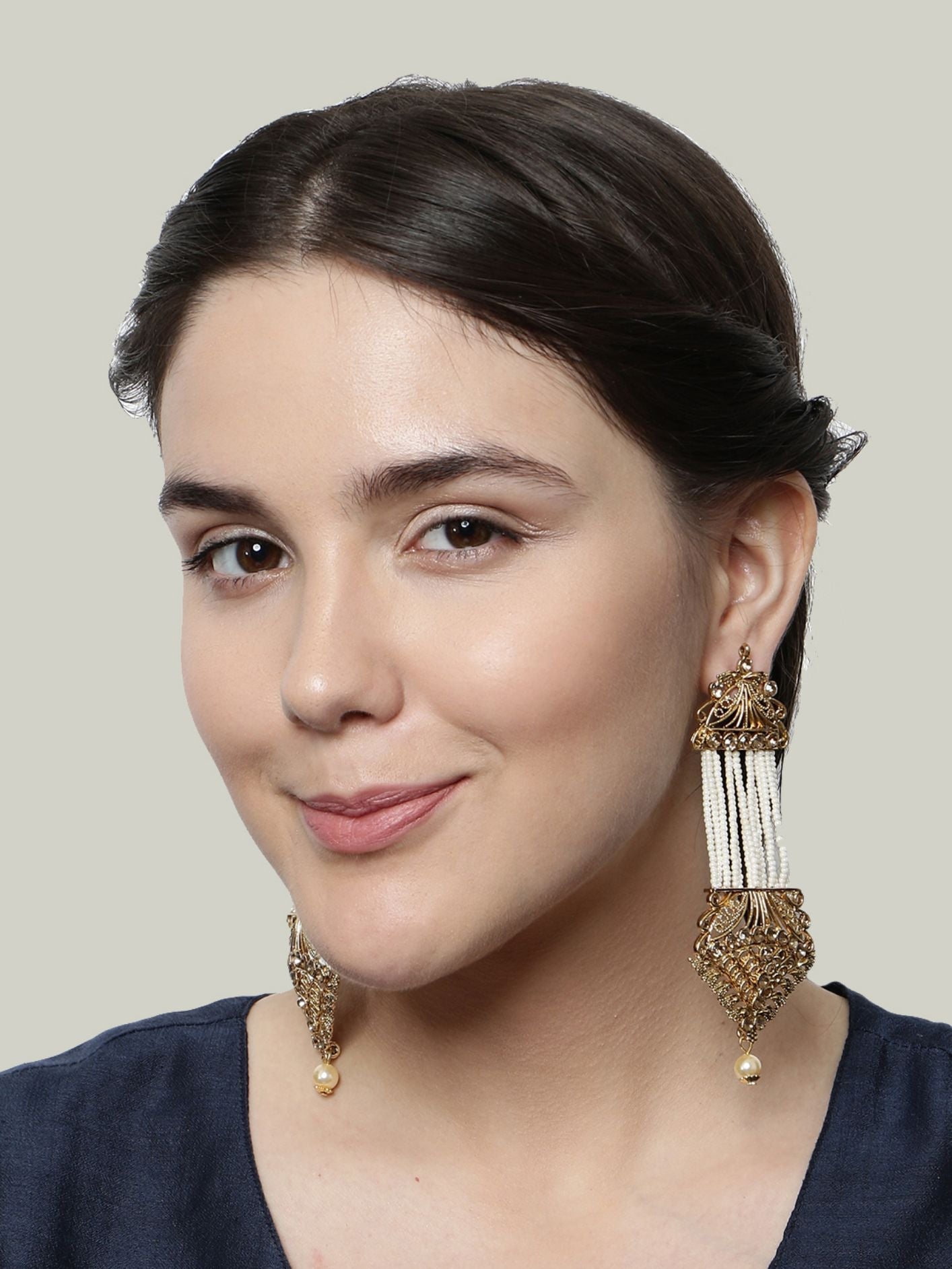 Women's White & Gold-Plated Handcrafted Kundan Pearl Studded Multistrand Earrings