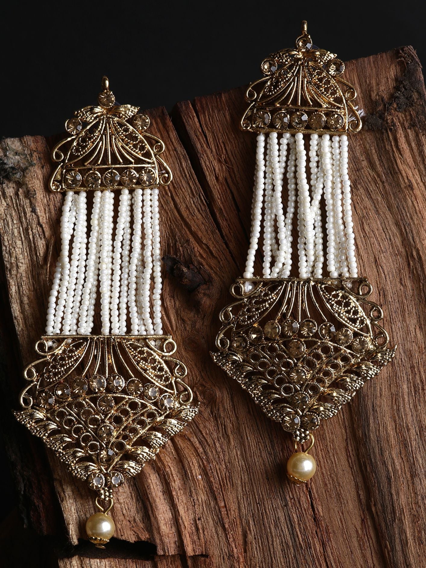 Women's White & Gold-Plated Handcrafted Kundan Pearl Studded Multistrand Earrings