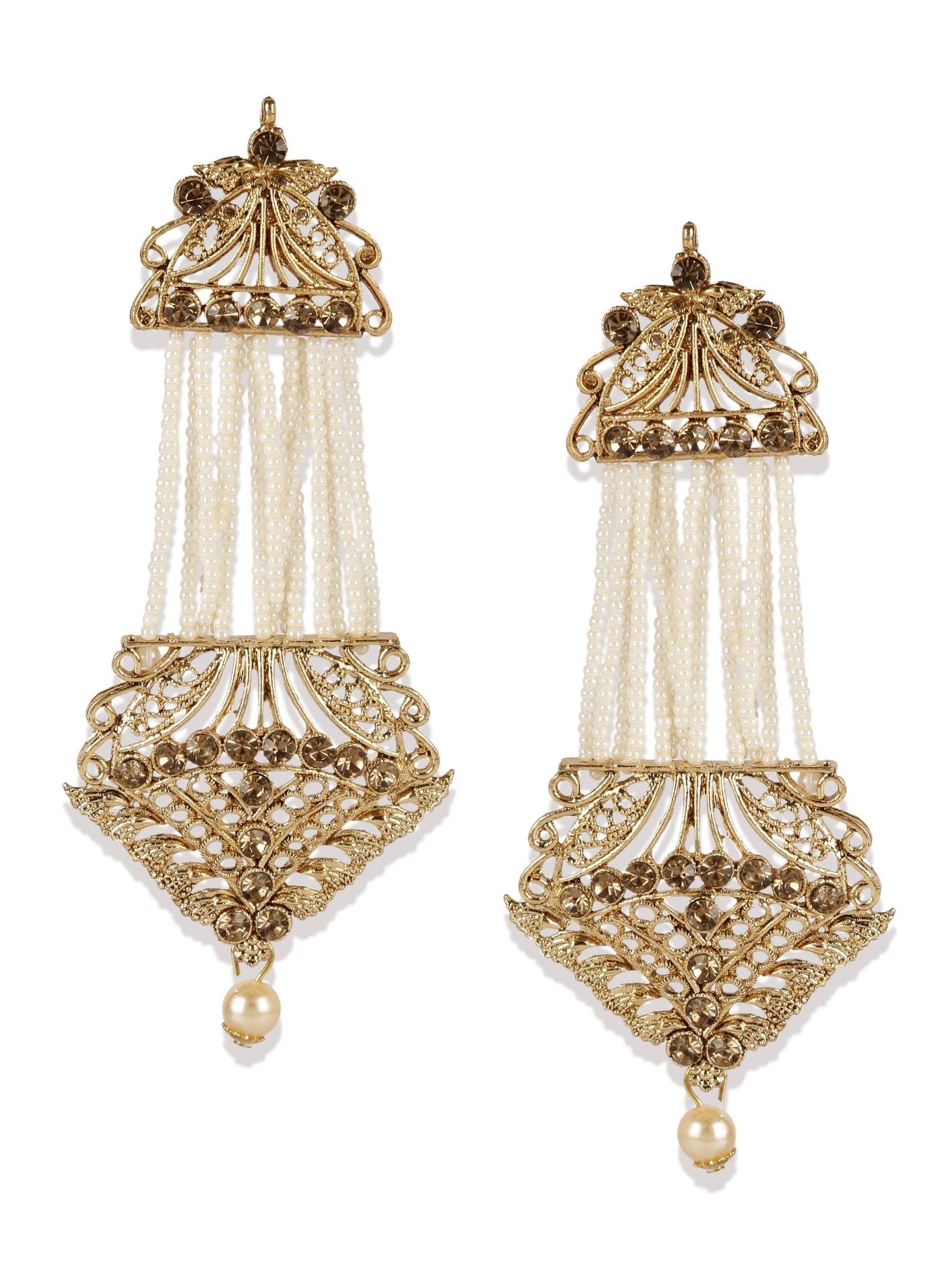 Women's White & Gold-Plated Handcrafted Kundan Pearl Studded Multistrand Earrings