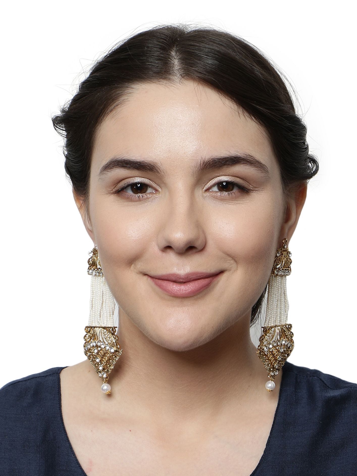 Women's White & Gold-Plated Handcrafted Kundan Pearl Studded Multistrand Earrings