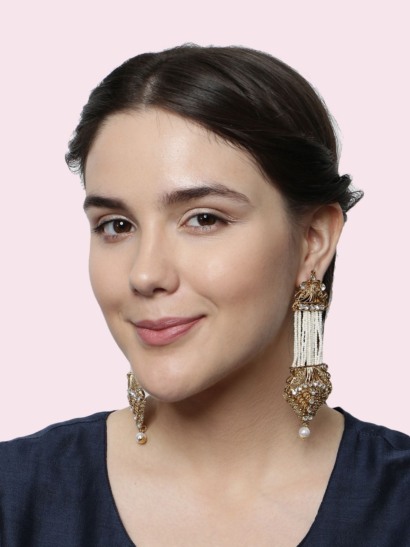 Women's White & Gold-Plated Handcrafted Kundan Pearl Studded Multistrand Earrings