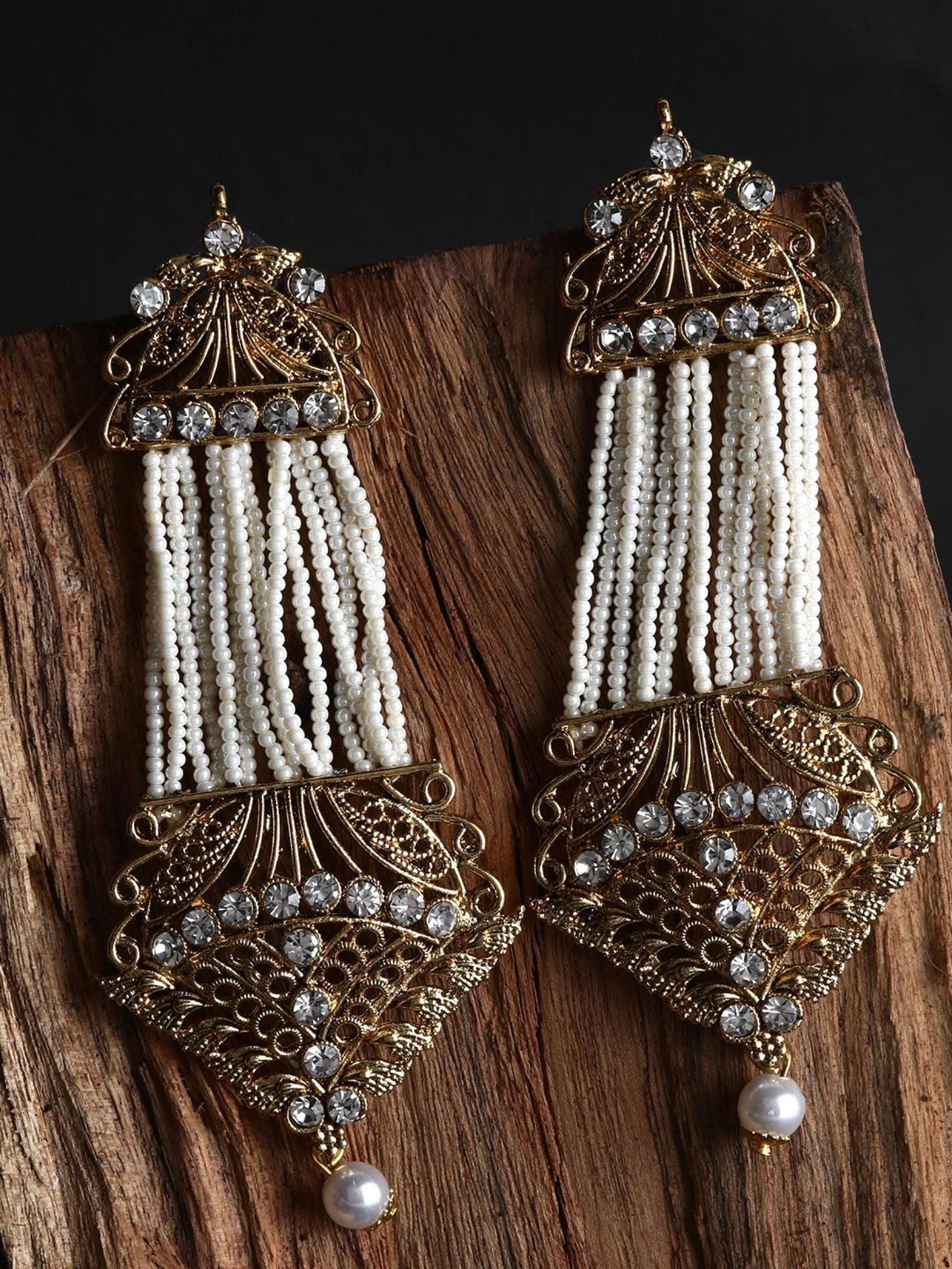 Women's White & Gold-Plated Handcrafted Kundan Pearl Studded Multistrand Earrings