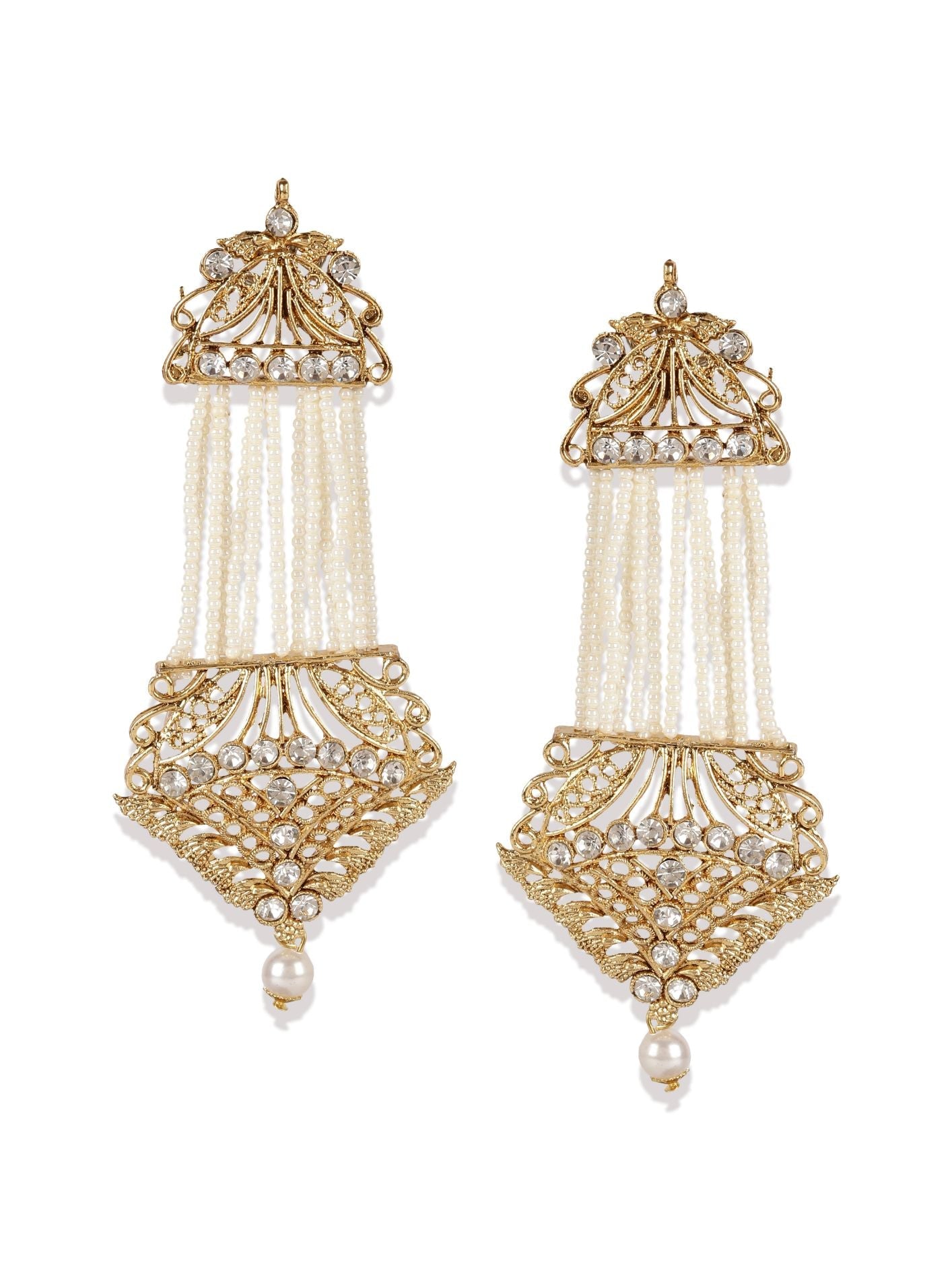 Women's White & Gold-Plated Handcrafted Kundan Pearl Studded Multistrand Earrings