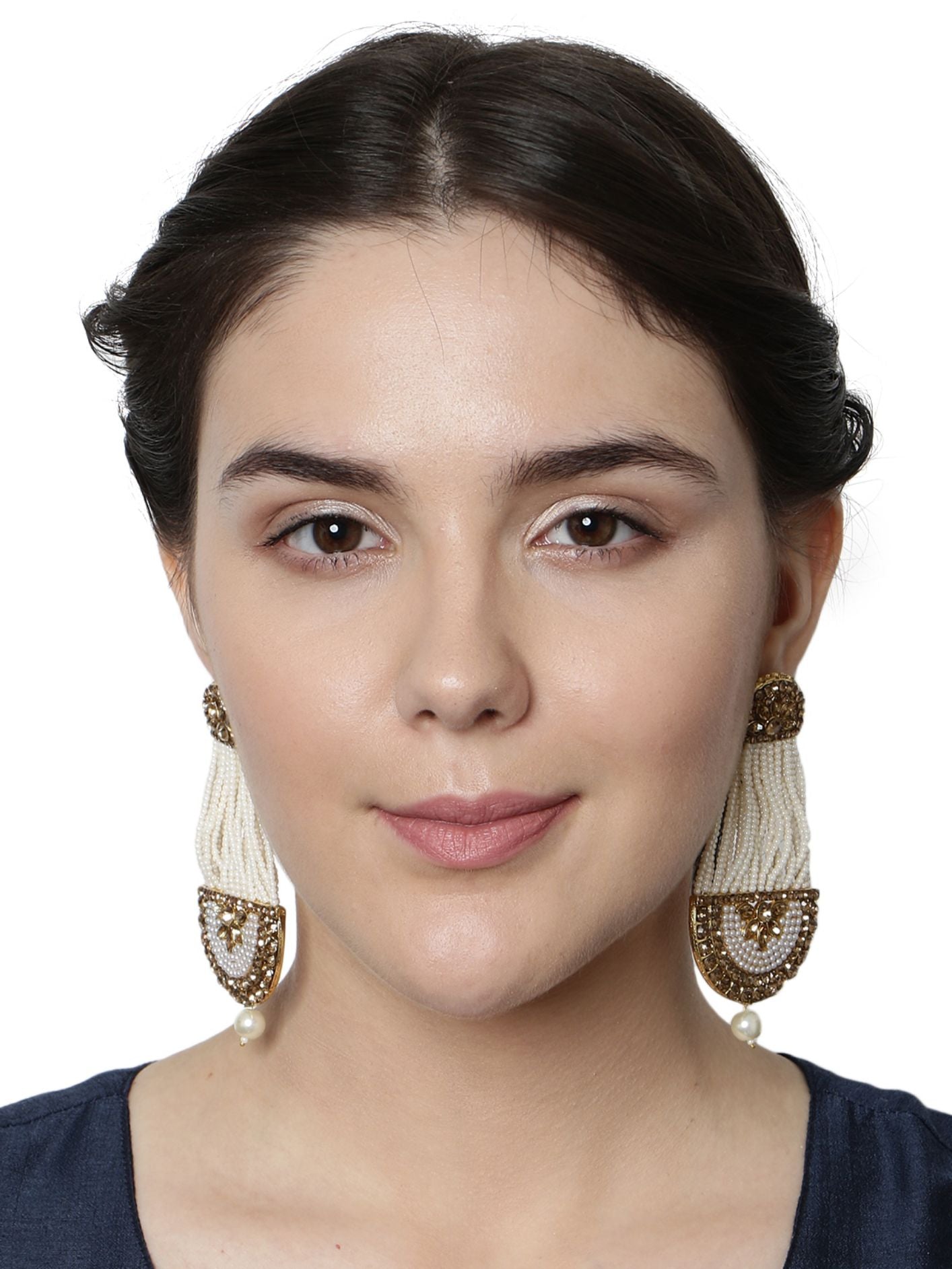 Women's White & Gold-Plated Handcrafted Kundan Pearl Studded Multistrand Earrings