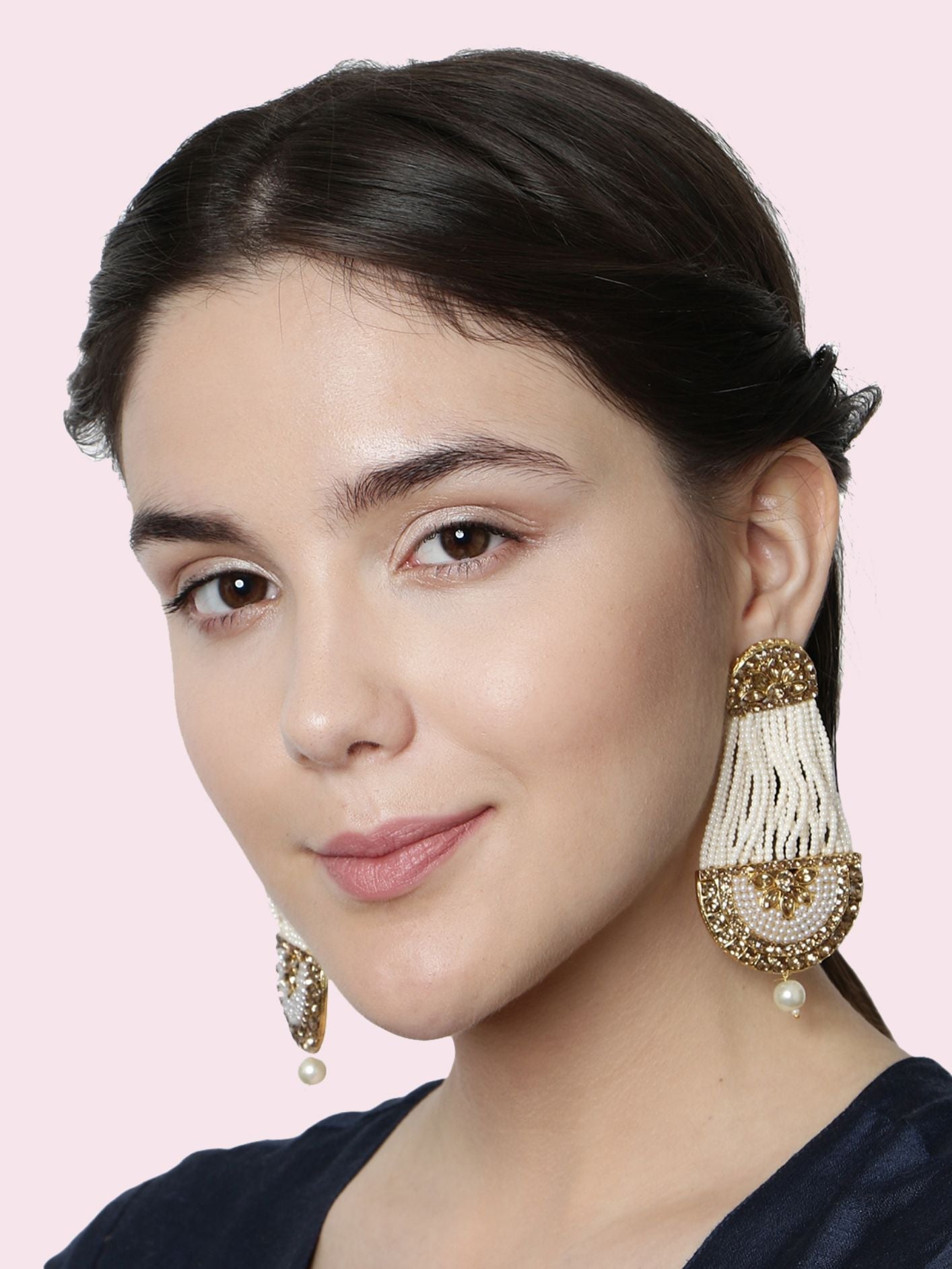 Women's White & Gold-Plated Handcrafted Kundan Pearl Studded Multistrand Earrings