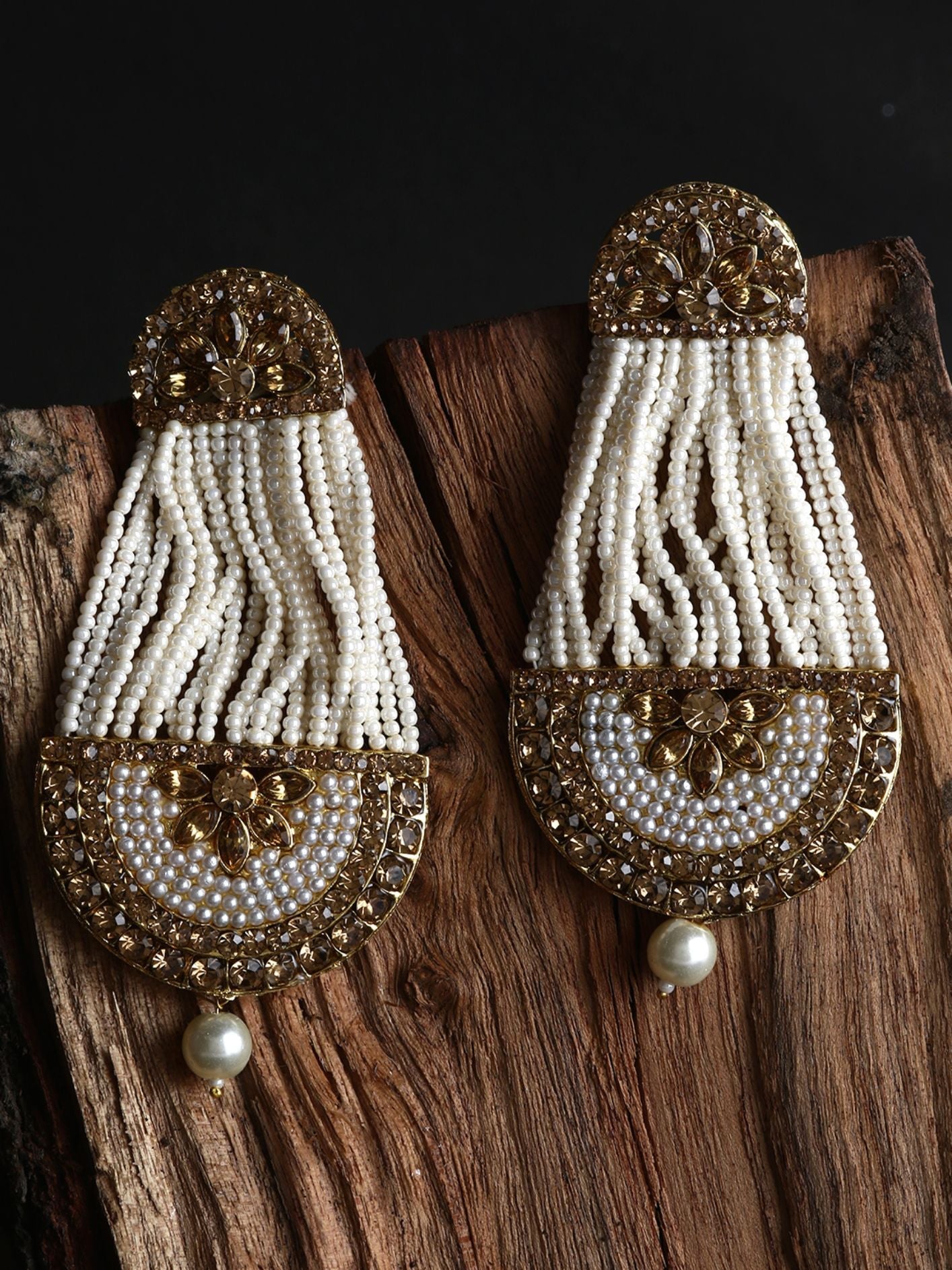 Women's White & Gold-Plated Handcrafted Kundan Pearl Studded Multistrand Earrings