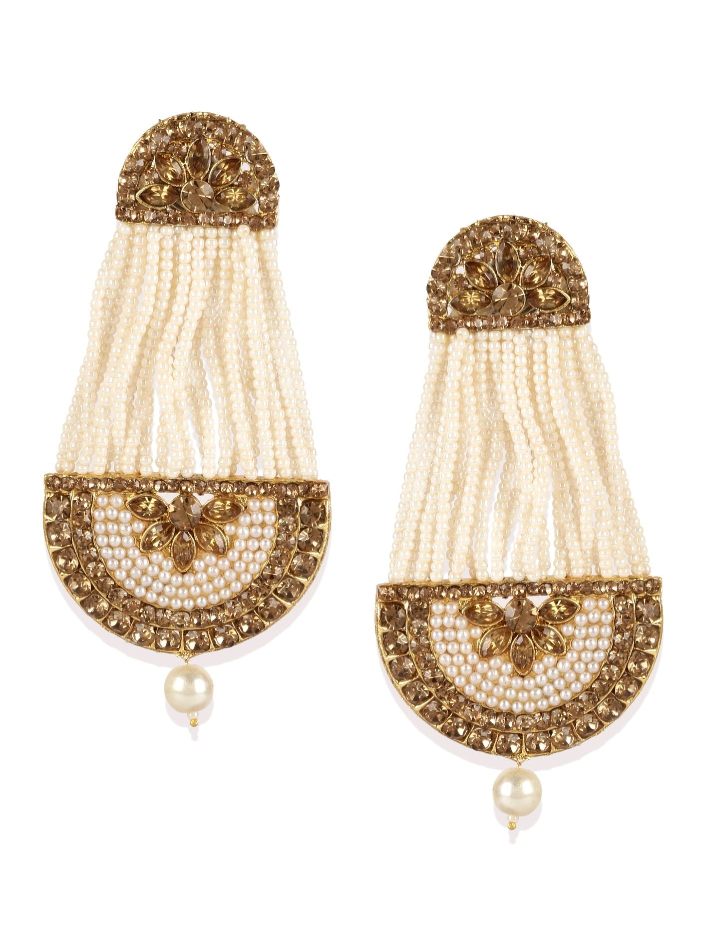 Women's White & Gold-Plated Handcrafted Kundan Pearl Studded Multistrand Earrings