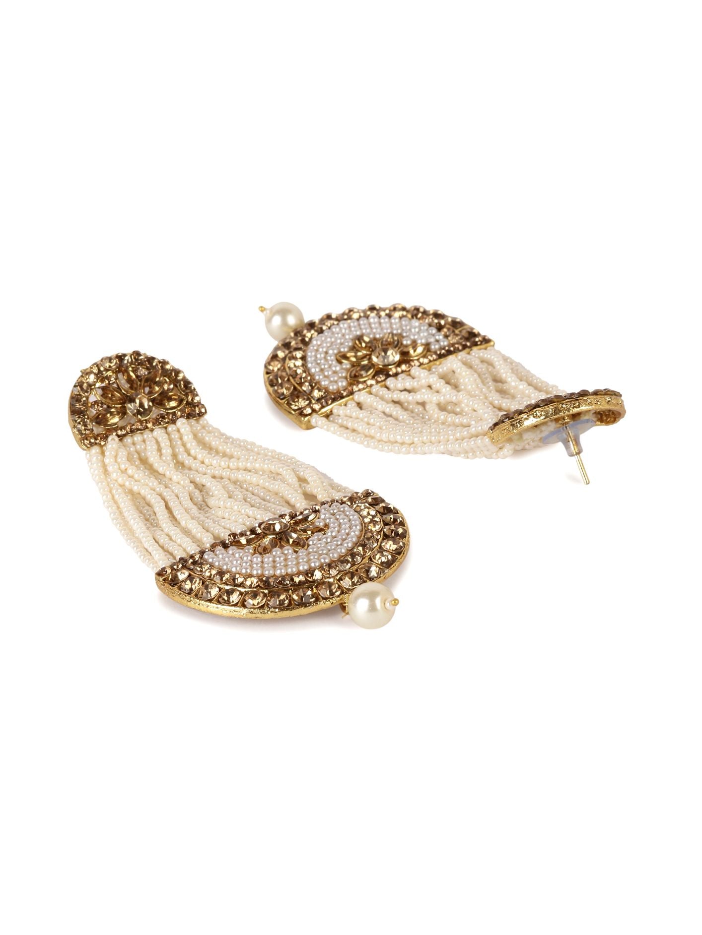 Women's White & Gold-Plated Handcrafted Kundan Pearl Studded Multistrand Earrings