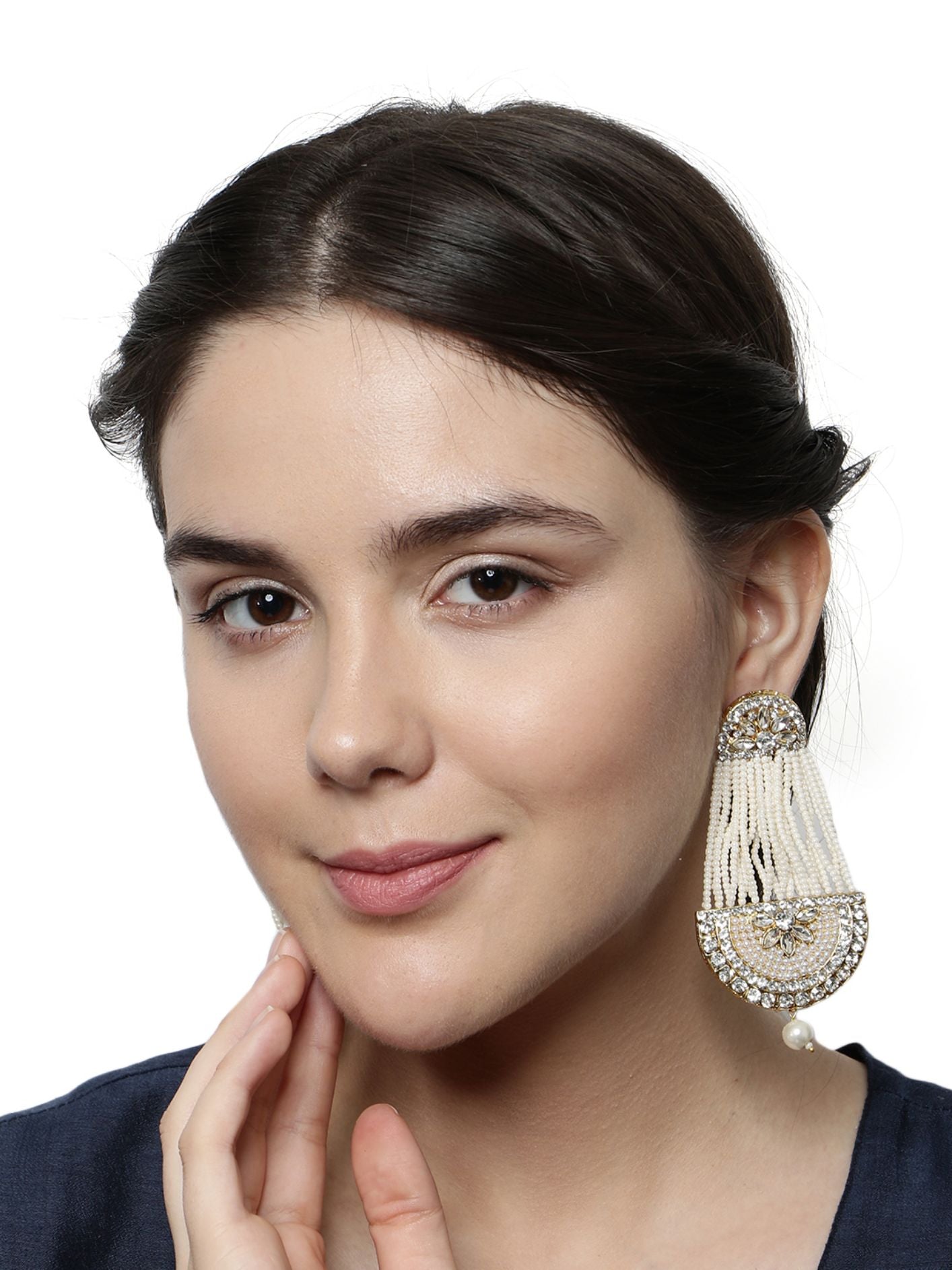 Women's White & Gold-Plated Handcrafted Kundan Pearl Studded Multistrand Earrings