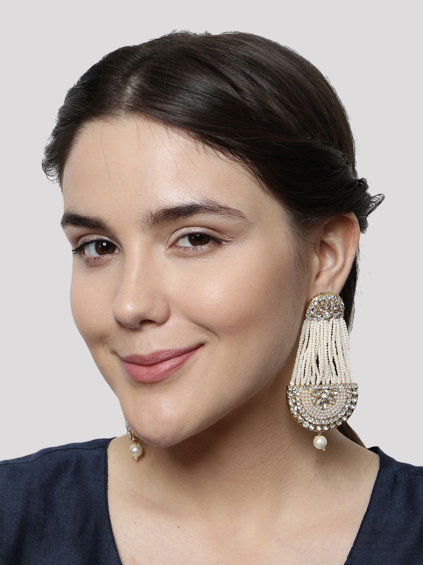Women's White & Gold-Plated Handcrafted Kundan Pearl Studded Multistrand Earrings