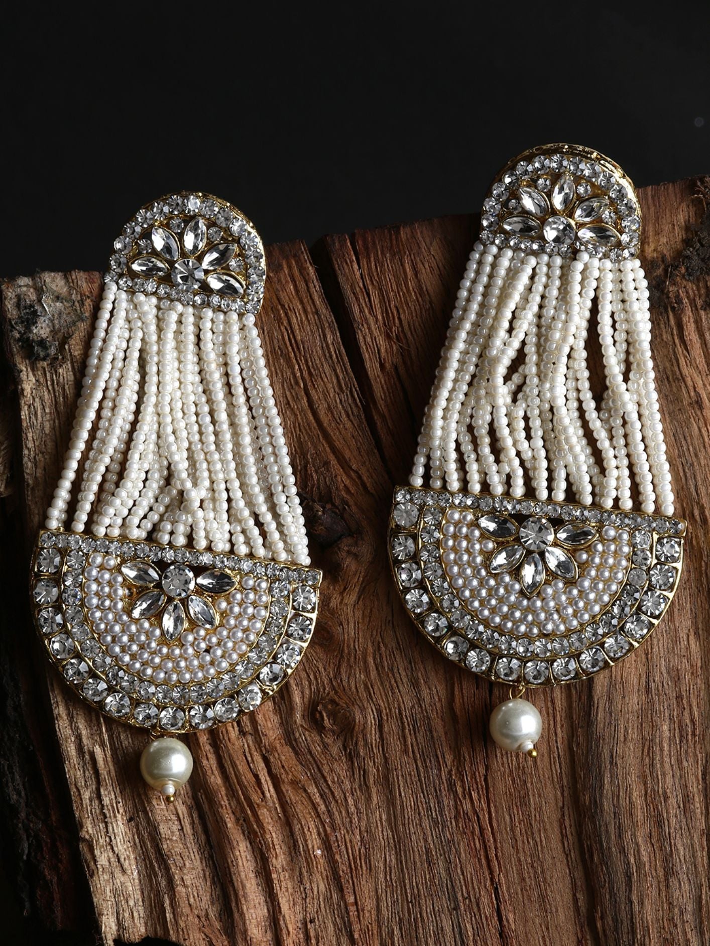 Women's White & Gold-Plated Handcrafted Kundan Pearl Studded Multistrand Earrings