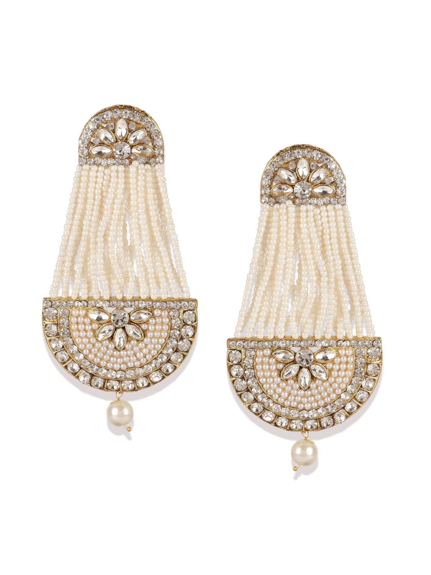 Women's White & Gold-Plated Handcrafted Kundan Pearl Studded Multistrand Earrings