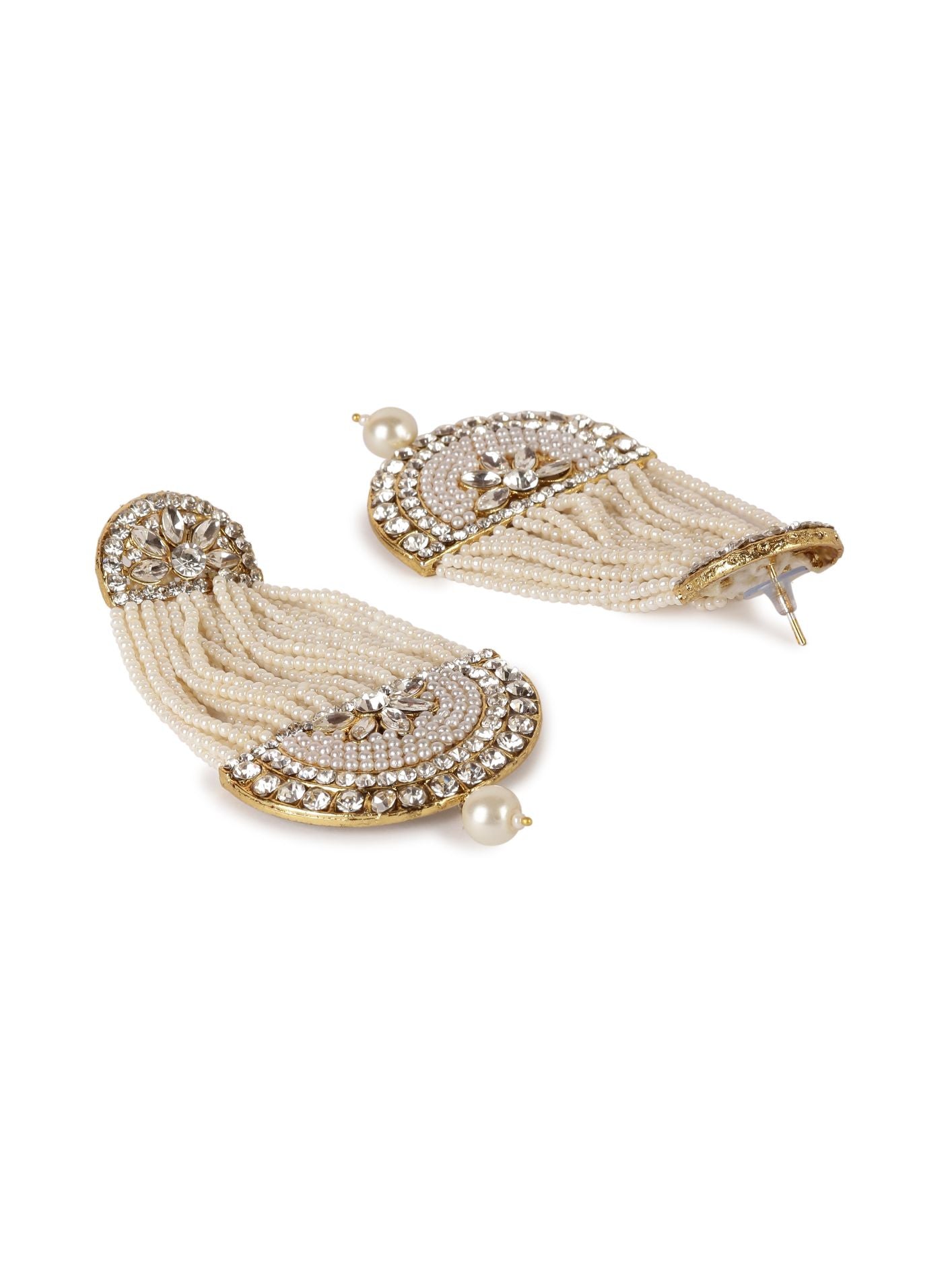 Women's White & Gold-Plated Handcrafted Kundan Pearl Studded Multistrand Earrings