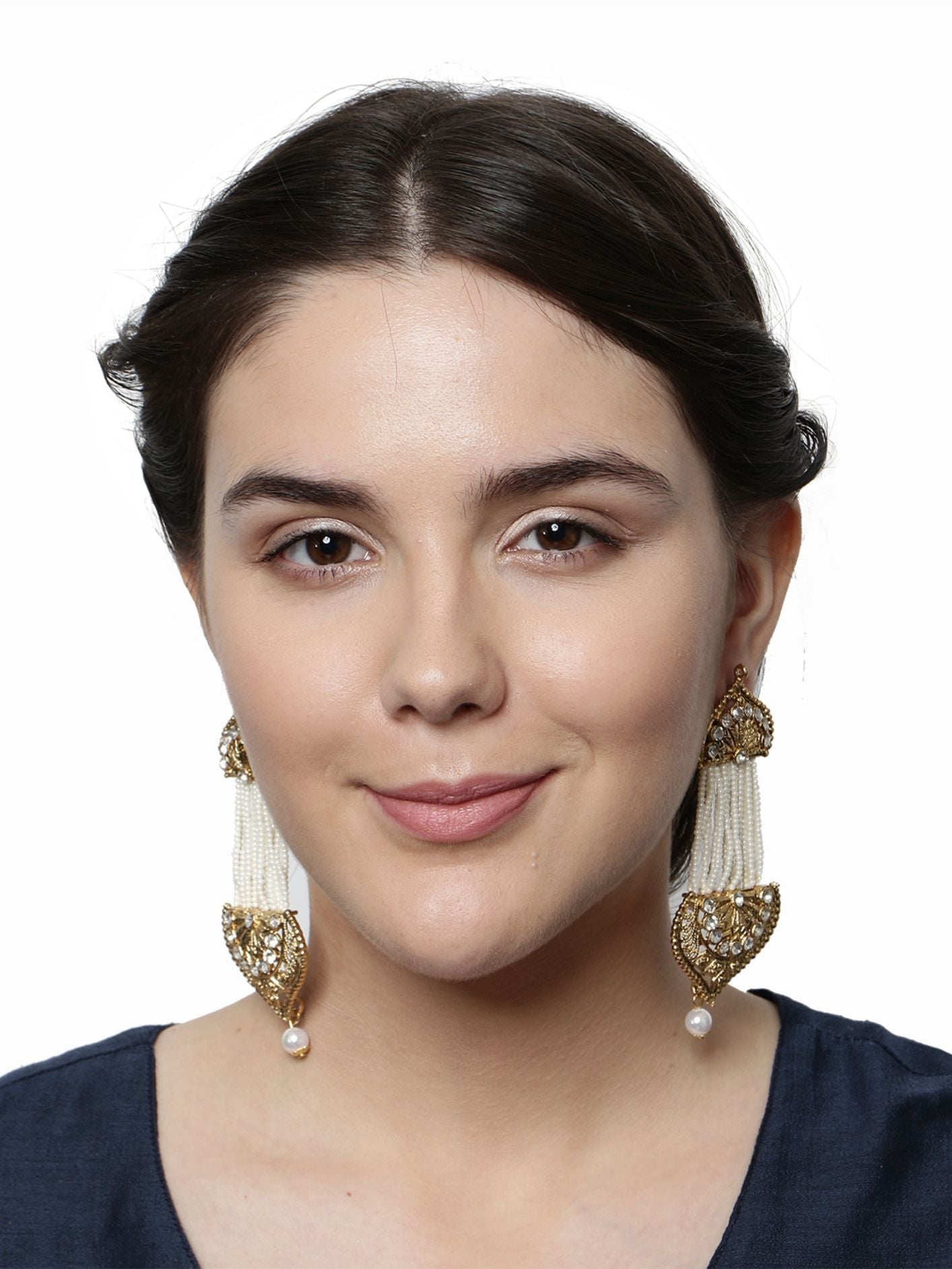 Women's White & Gold-Plated Handcrafted Kundan Pearl Studded Multistrand Earrings