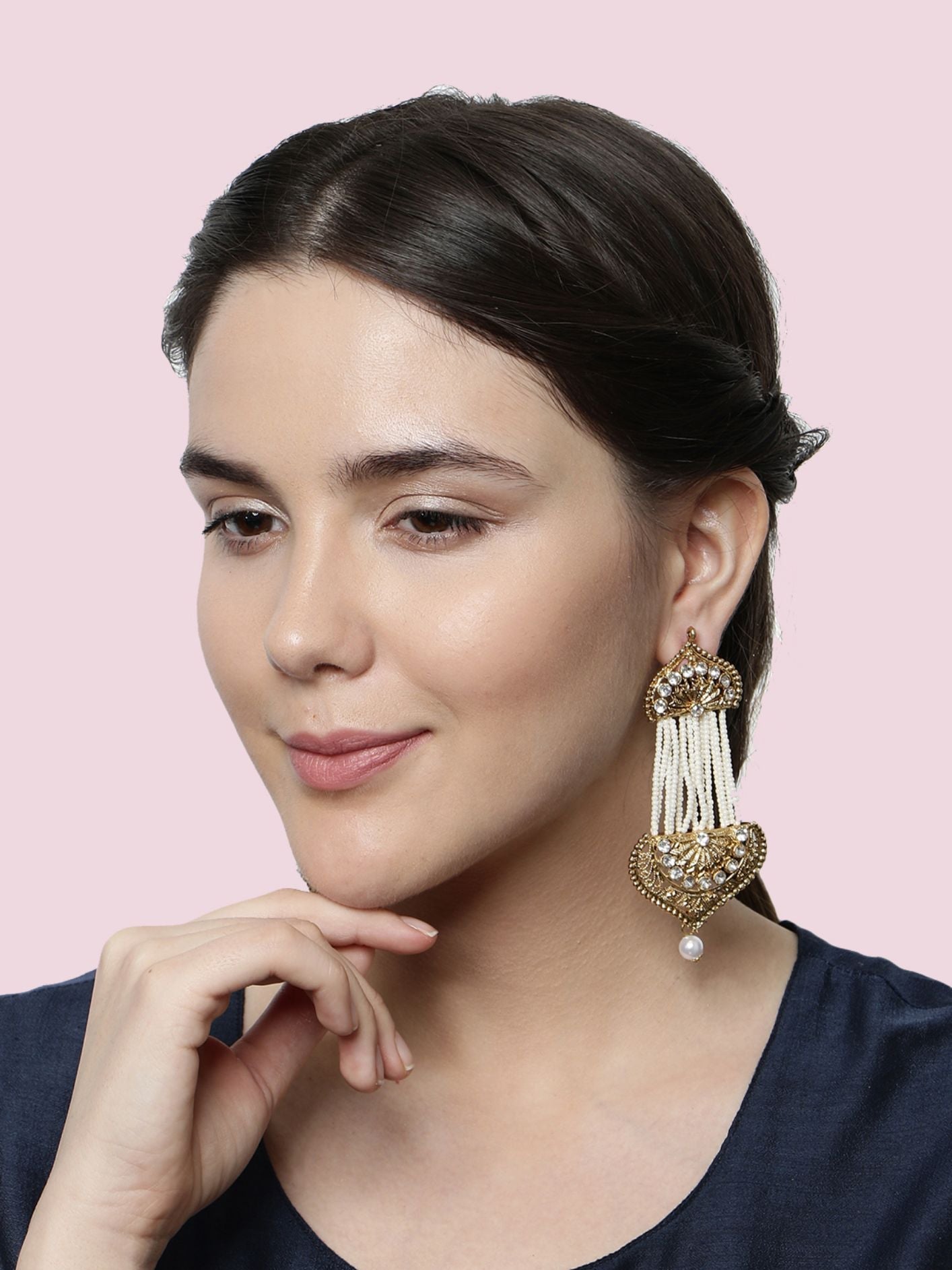 Women's White & Gold-Plated Handcrafted Kundan Pearl Studded Multistrand Earrings