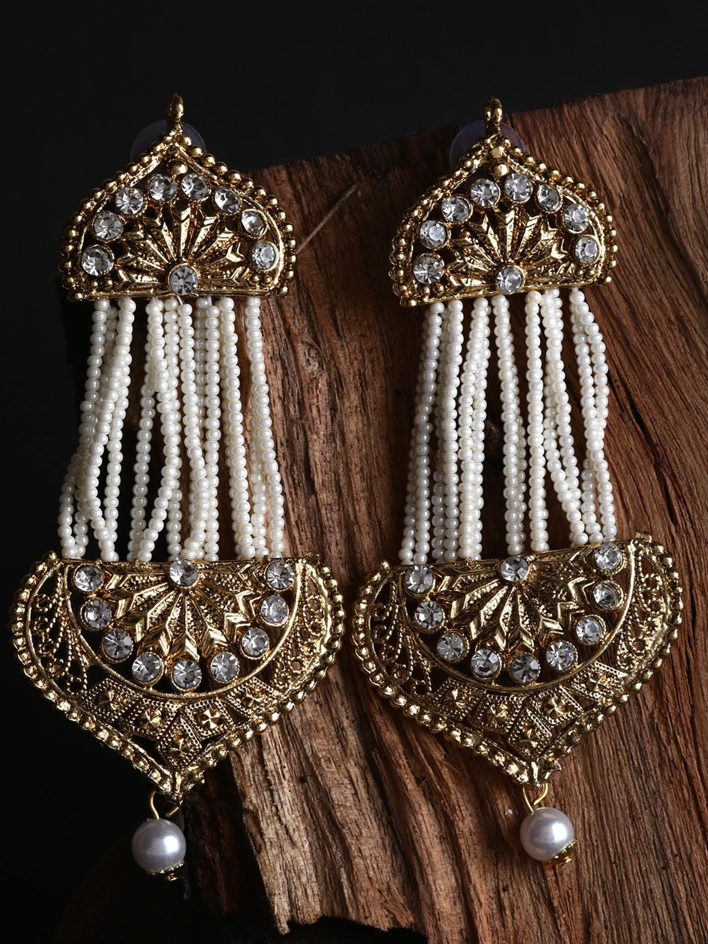 Women's White & Gold-Plated Handcrafted Kundan Pearl Studded Multistrand Earrings