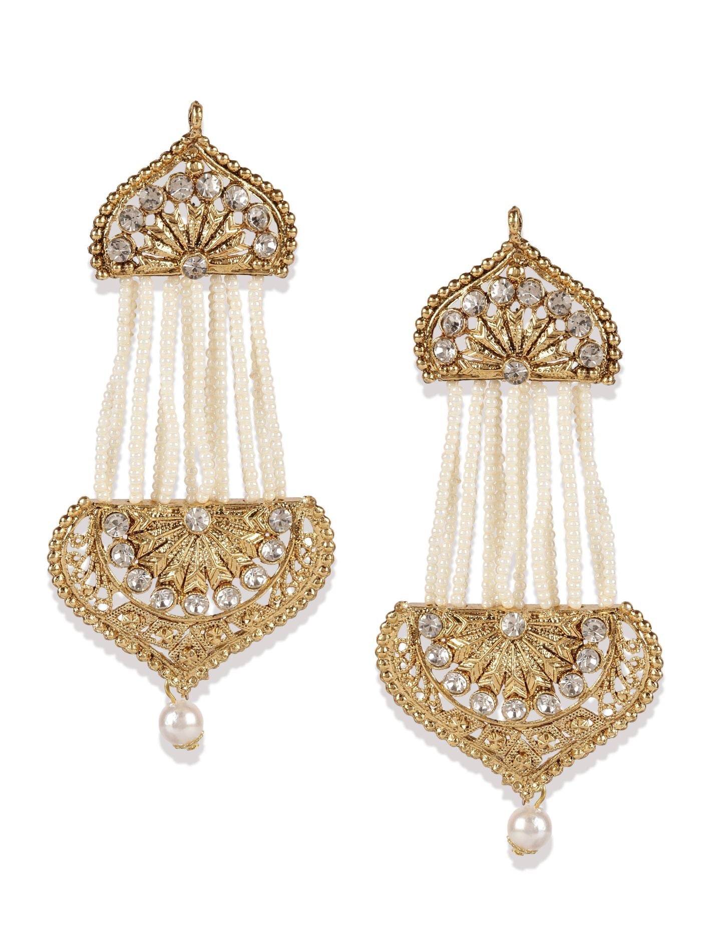 Women's White & Gold-Plated Handcrafted Kundan Pearl Studded Multistrand Earrings