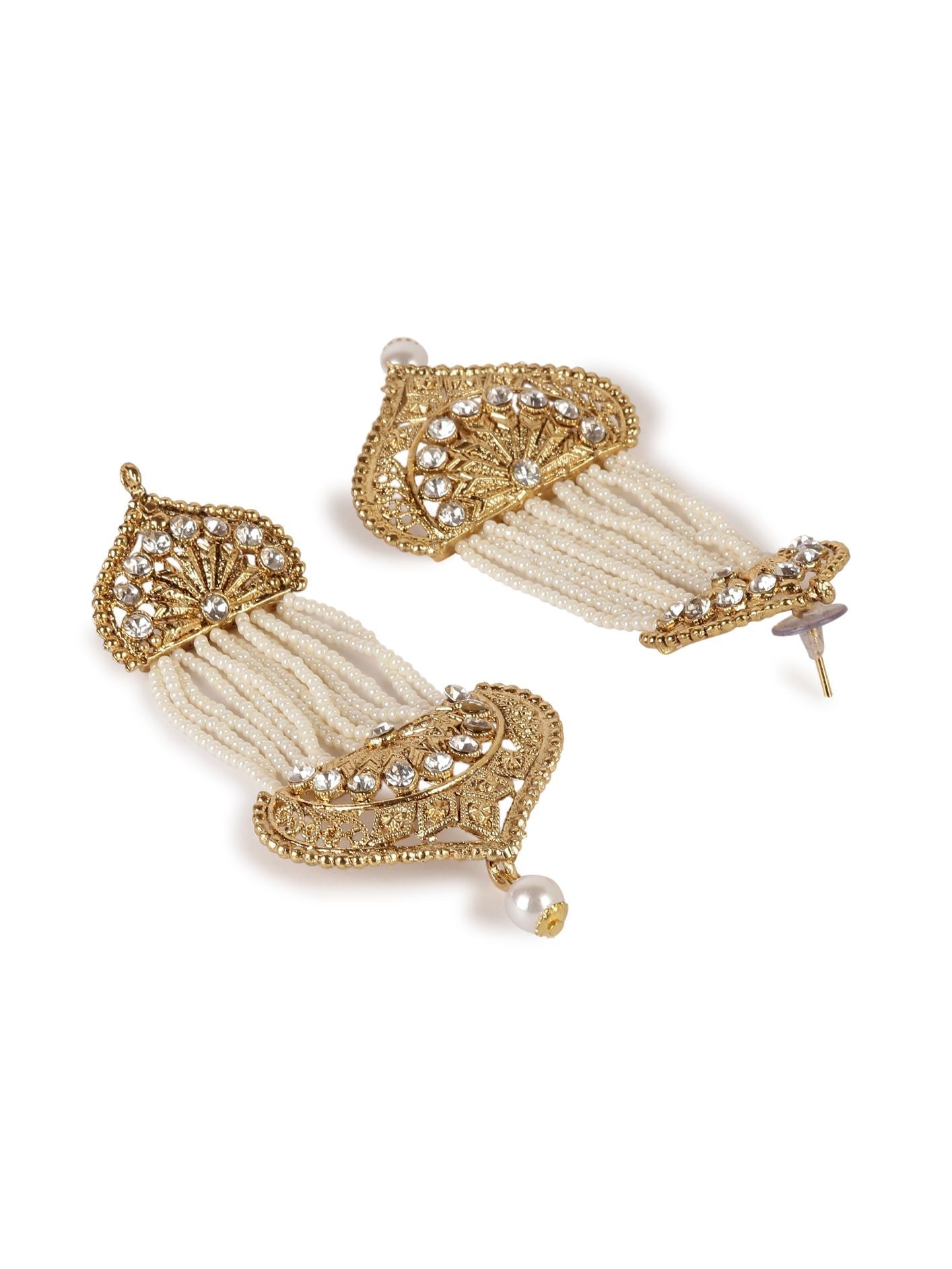 Women's White & Gold-Plated Handcrafted Kundan Pearl Studded Multistrand Earrings