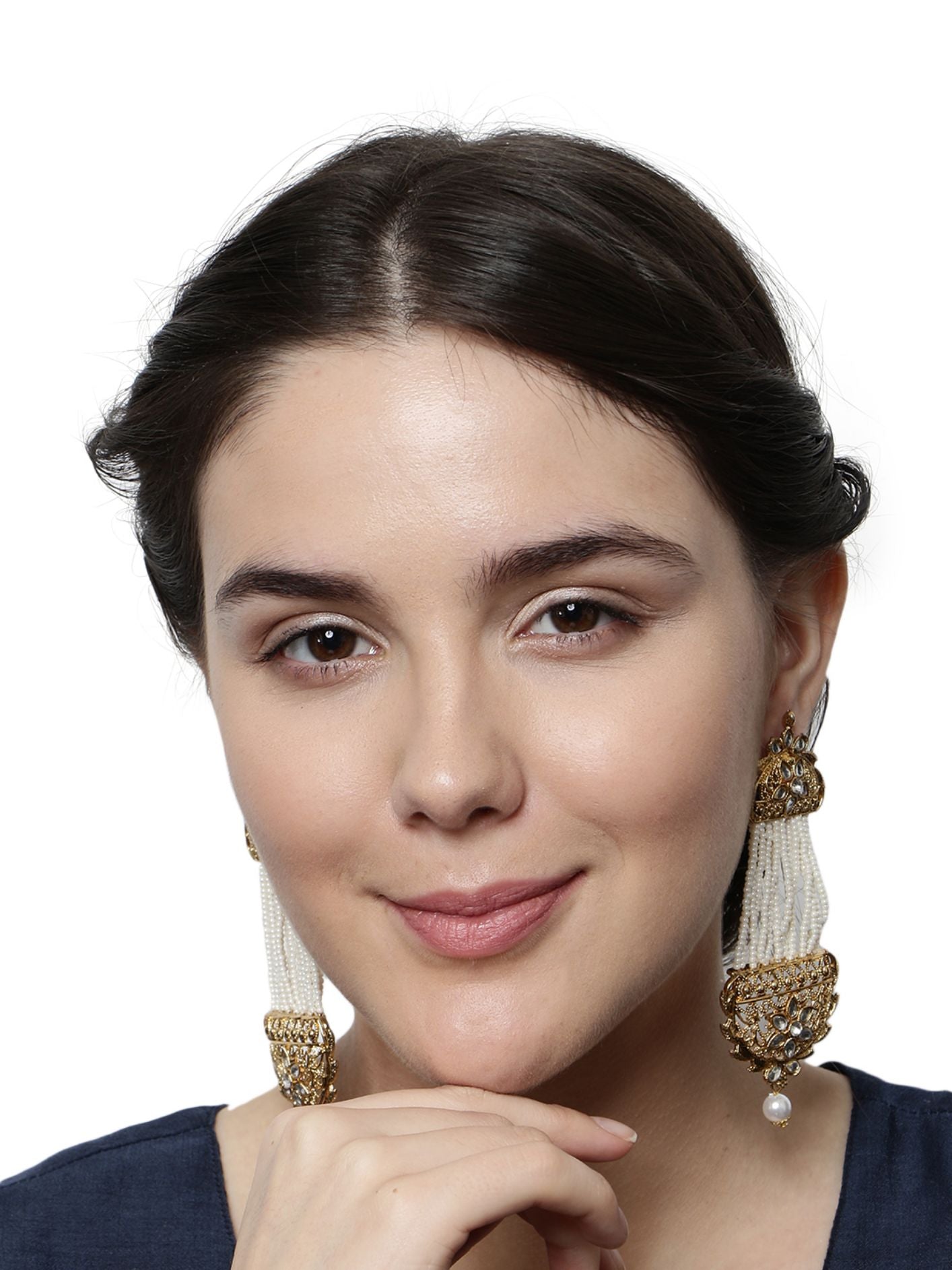 Women's White & Gold-Plated Handcrafted Kundan Pearl Studded Multistrand Earrings