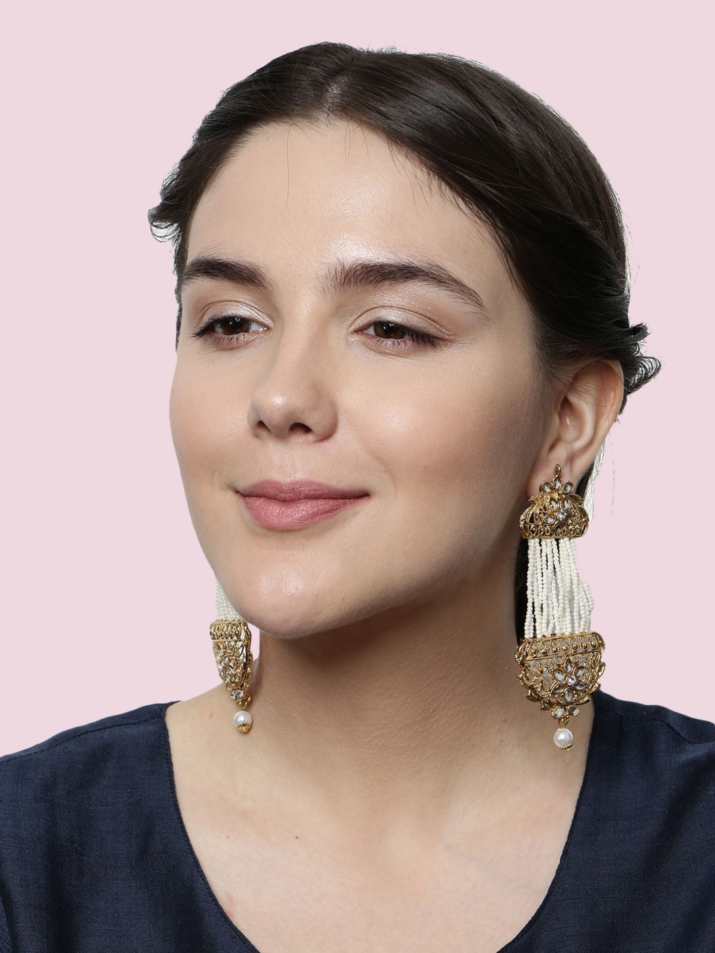 Women's White & Gold-Plated Handcrafted Kundan Pearl Studded Multistrand Earrings