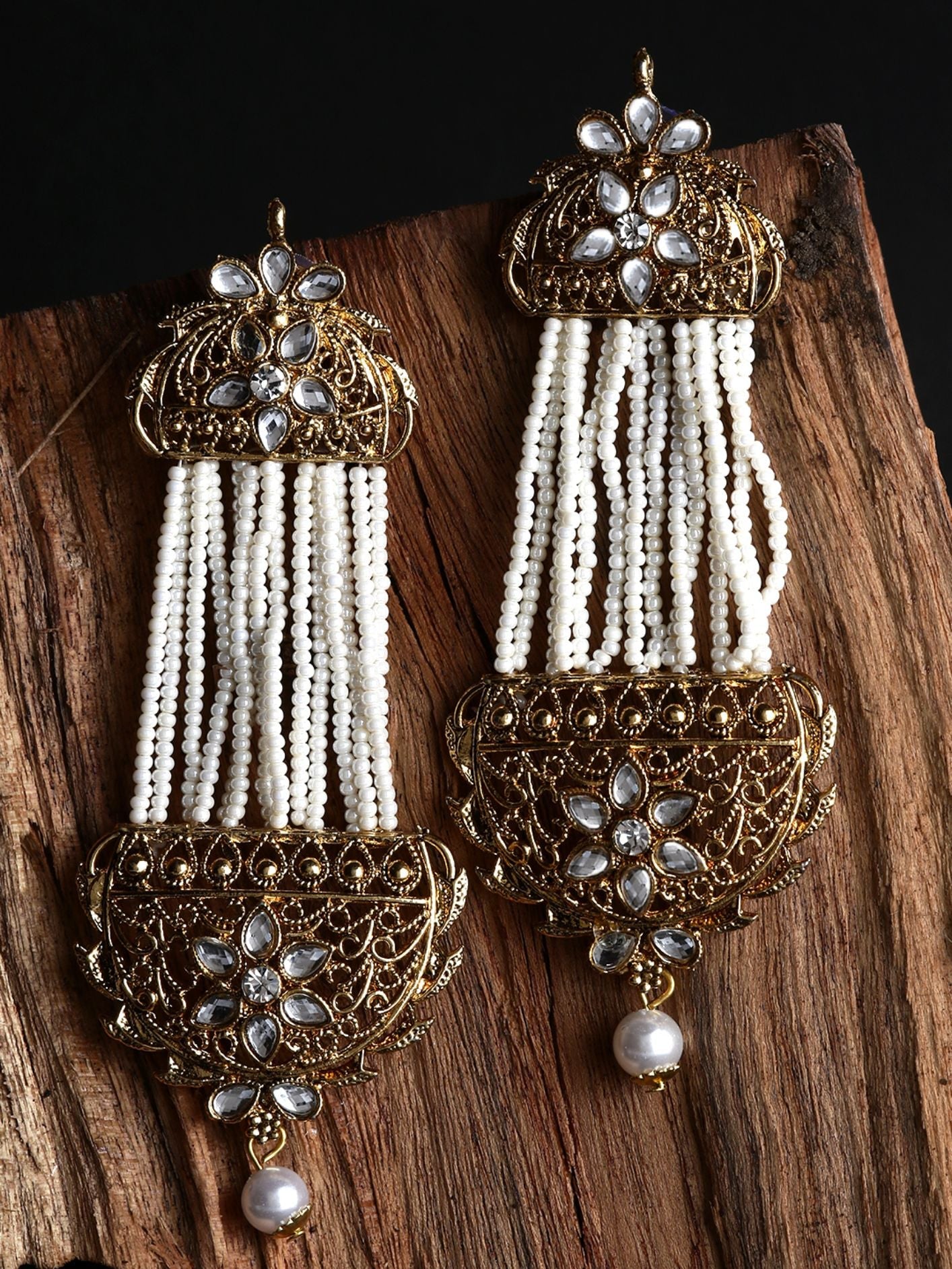 Women's White & Gold-Plated Handcrafted Kundan Pearl Studded Multistrand Earrings