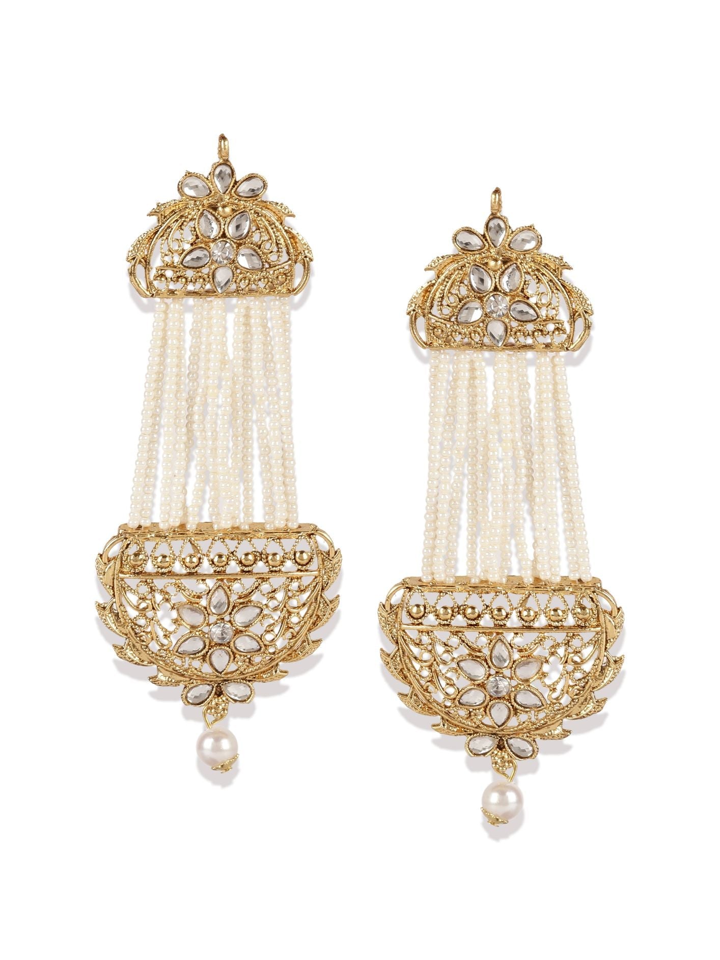 Women's White & Gold-Plated Handcrafted Kundan Pearl Studded Multistrand Earrings