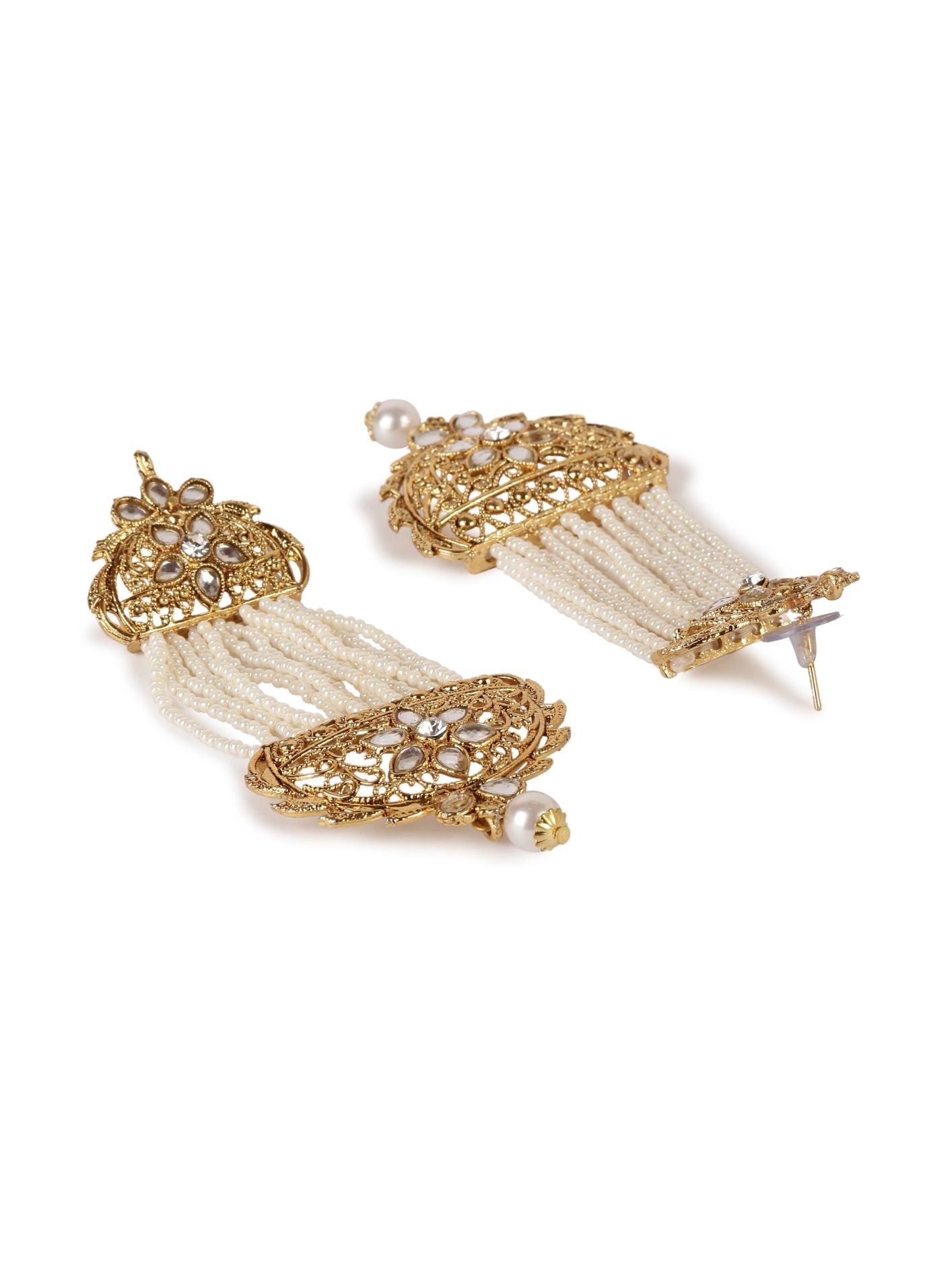 Women's White & Gold-Plated Handcrafted Kundan Pearl Studded Multistrand Earrings
